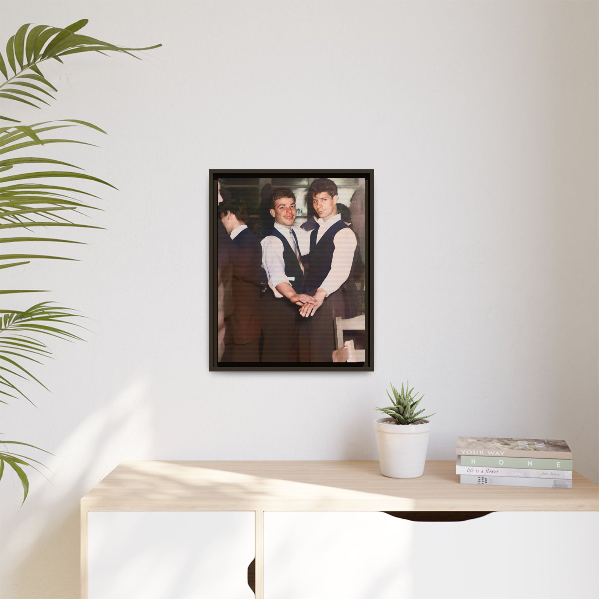 Restored and colorized mid-20th century photo of Clarence and Francis dancing, celebrating LGBTQ+ love and resilience, framed as a matte canvas wall décor piece. Gay Couple