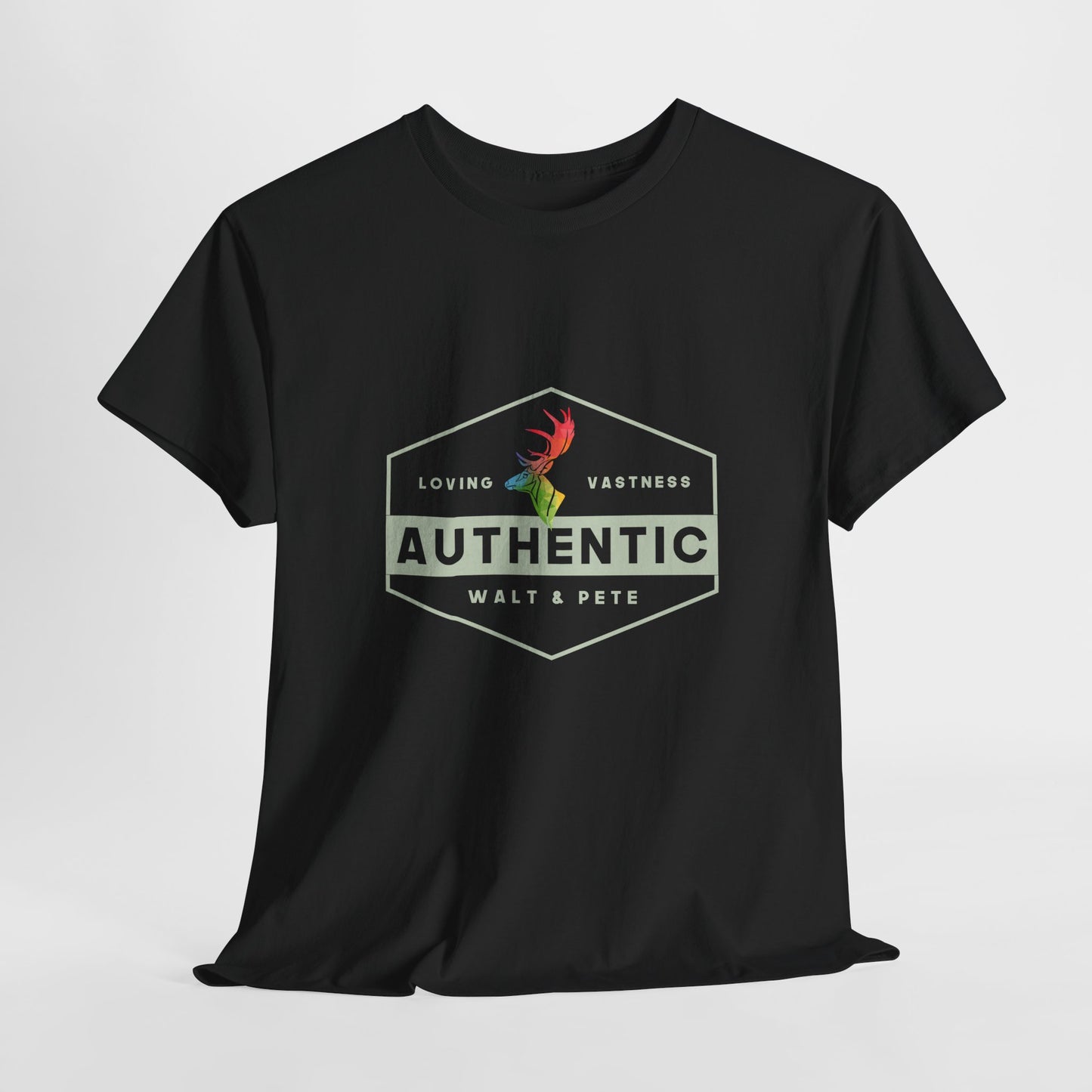 unisex LGBTQ+ t-shirt with a hexagonal badge design reading “Authentic” and “Loving & Vastness,” featuring a rainbow antler—symbolizing self-love, queer pride, and emotional depth.