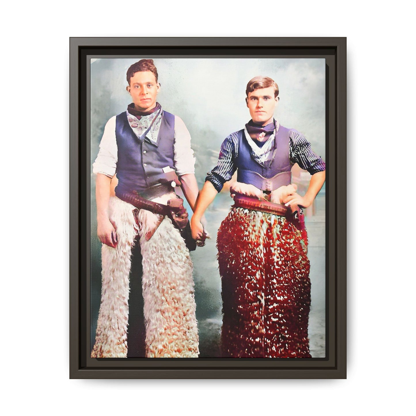 Restored colorized vintage photo of two cowboys, Kline & Autry, holding hands in Carson City, early 20th century. Gay Couple