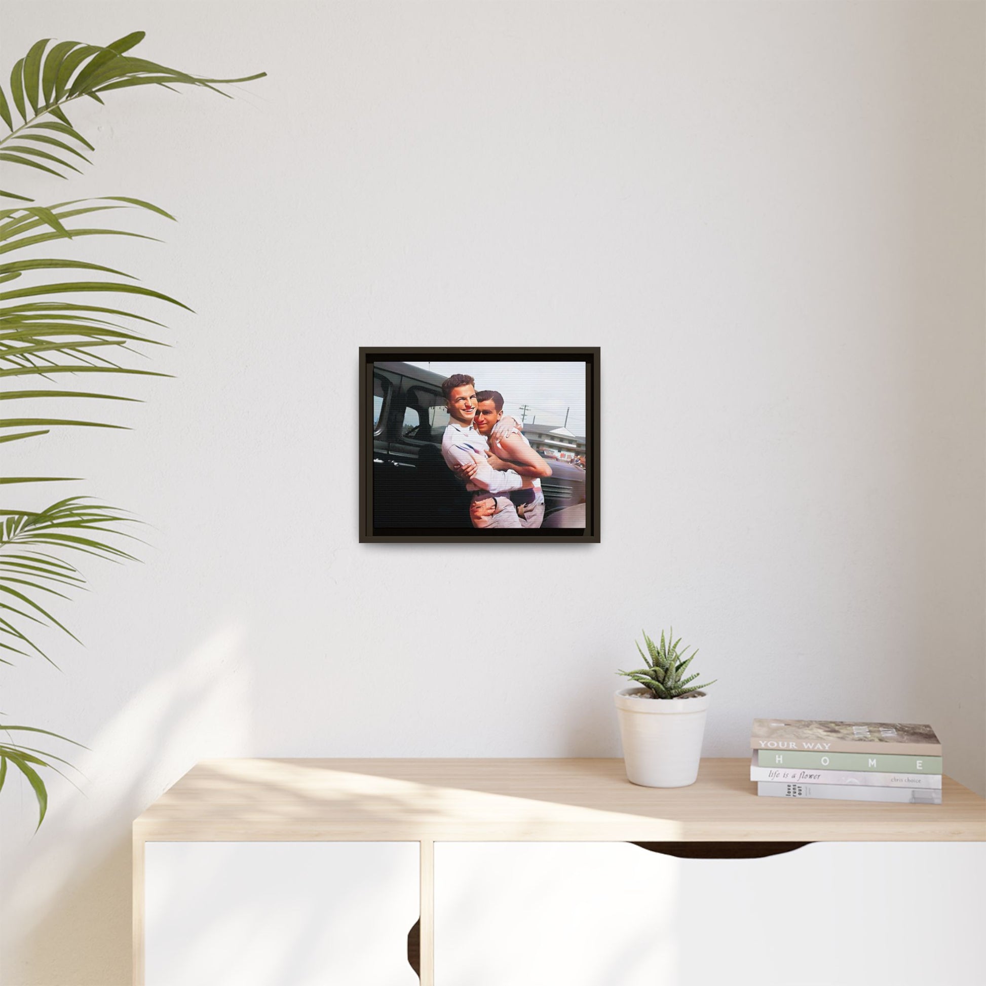 A framed vintage love portrait on matte canvas featuring Henry and Raymond in Peoria, Illinois, capturing timeless LGBTQ+ connection and joy. Gay Couple