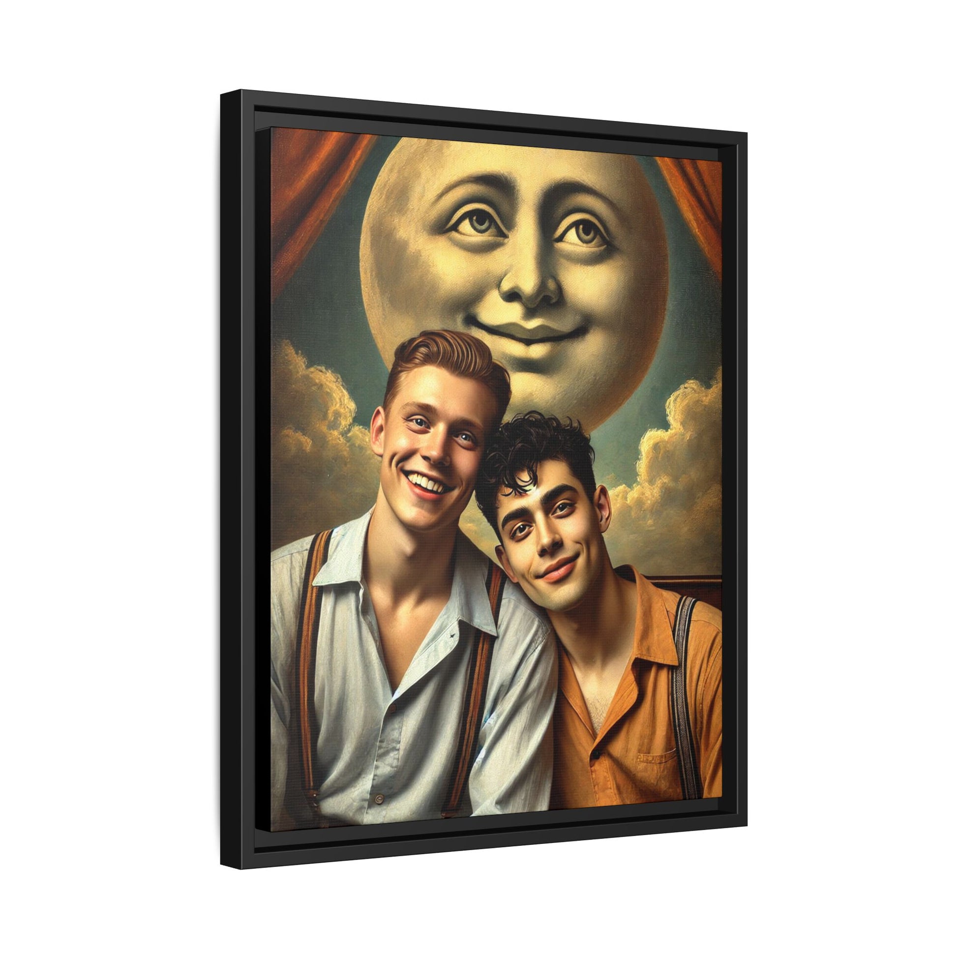 Framed artwork featuring a joyful queer couple in 1930s attire, seated close together beneath a smiling full moon in a theatrical studio setting. A celebration of reclaimed LGBTQ+ narratives in nostalgic portraiture.