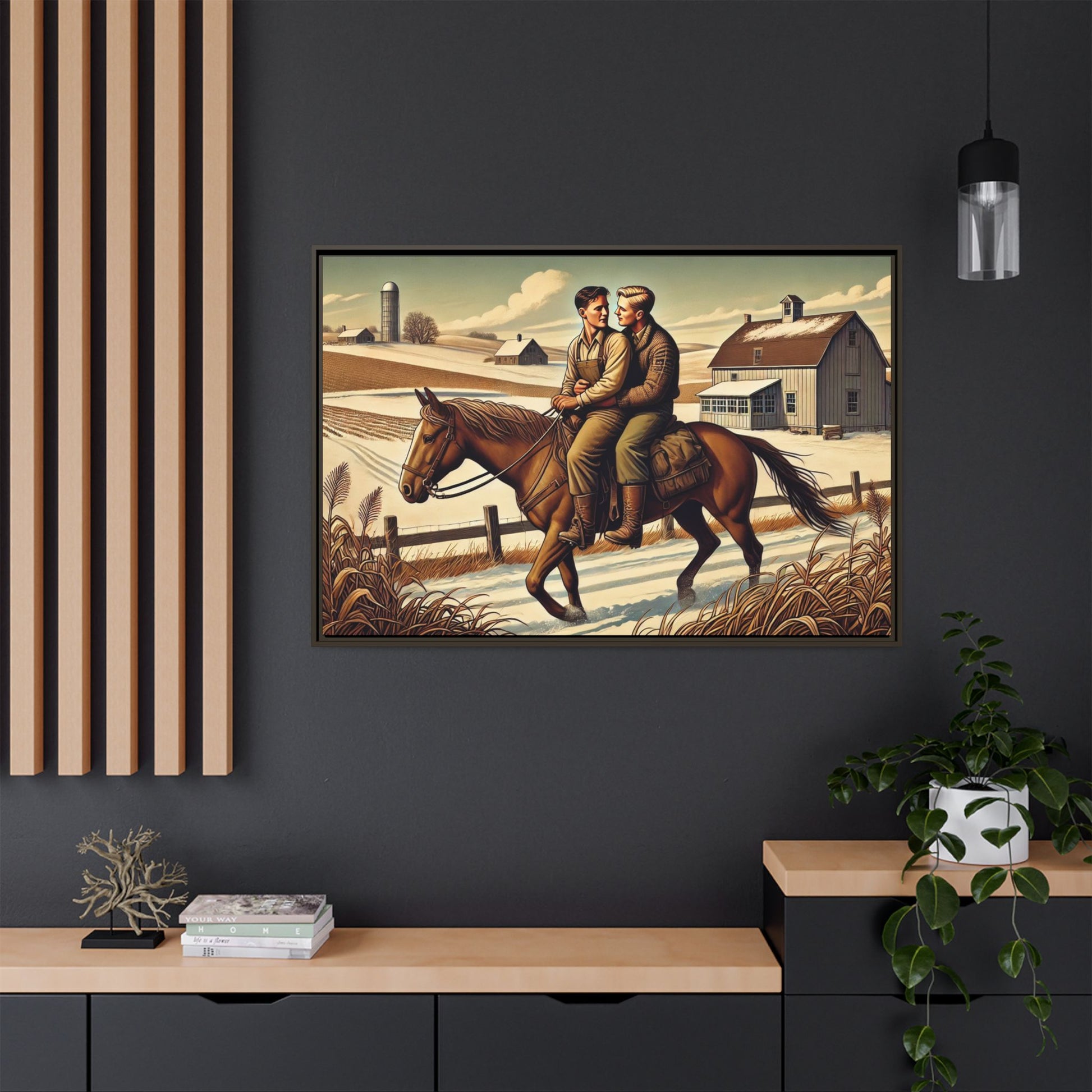 Artwork of a gay couple sharing a tender moment while seated together on a single horse in a snowy, rural Midwestern landscape. Dressed in early 20th-century attire, the men gaze at each other warmly, capturing love, resilience, and companionship in a serene 1930s-inspired American scene