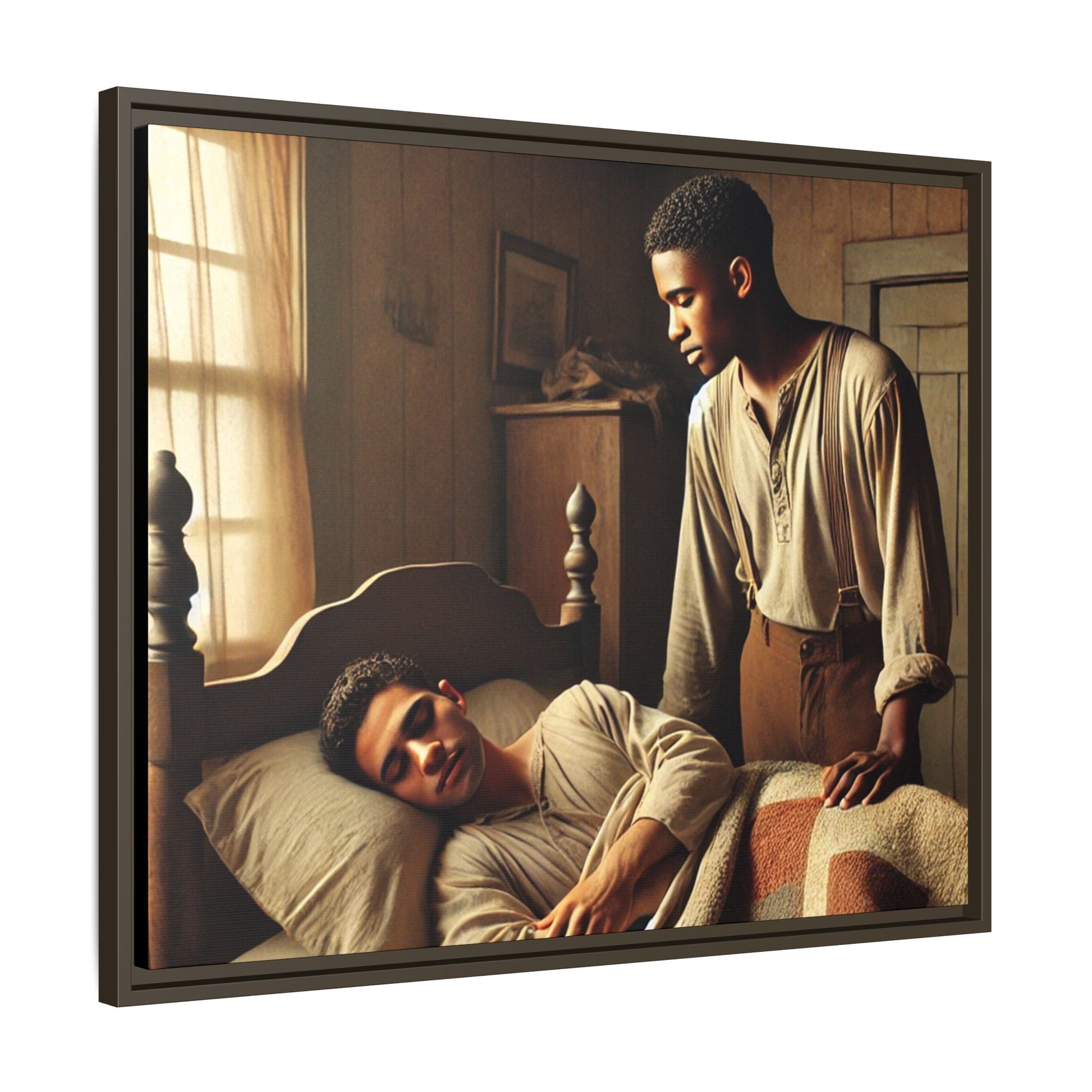 Grant 007 artwork depicting an African-American queer couple in a tender, intimate moment within a rustic bedroom. This scene, bathed in warm, nostalgic light, captures the love and quiet resilience of rural life, celebrating LGBTQ+ representation and African-American heritage.