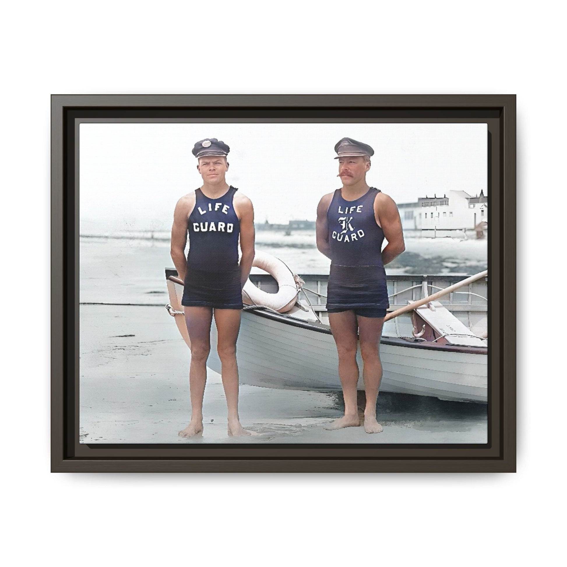 A nostalgic framed canvas print of vintage lifeguards in Cape May, NJ. This coastal artwork captures the charm of early 20th-century beach life, making it perfect for lovers of maritime history, seaside decor, and Americana enthusiasts.