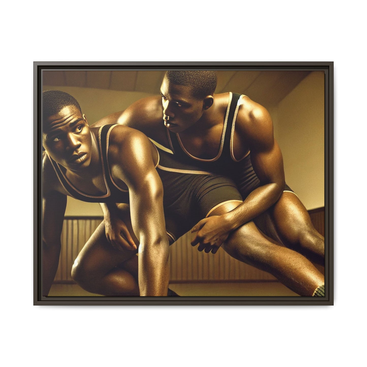 Framed artwork inspired by Grant Wood, showcasing African-American wrestlers in a vintage gymnasium setting. A powerful tribute to teamwork, resilience, and regionalist art.
