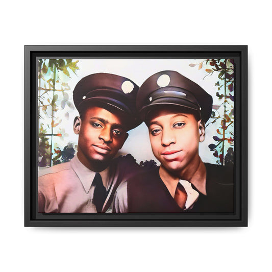 Vintage portrait of Deion & Marcus in Lexington, KY. Framed matte canvas celebrating African-American LGBTQ+ history, showcasing unity and timeless love. Perfect for collectors, art enthusiasts, and those honoring diversity and inclusion through decor.