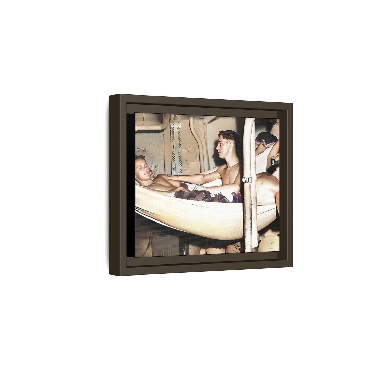 A framed vintage maritime photo on matte canvas featuring sailors aboard the Orleans, capturing life at sea and camaraderie.