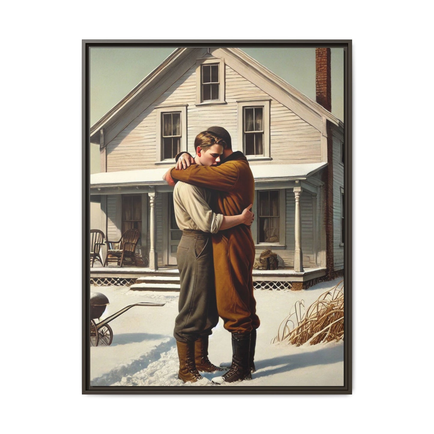 Artwork of a tender moment between a gay couple embracing outside a farmhouse in a snowy, rural landscape. Dressed in vintage attire, the two men find warmth and comfort in each other’s arms, capturing love and connection in a serene, Americana winter setting