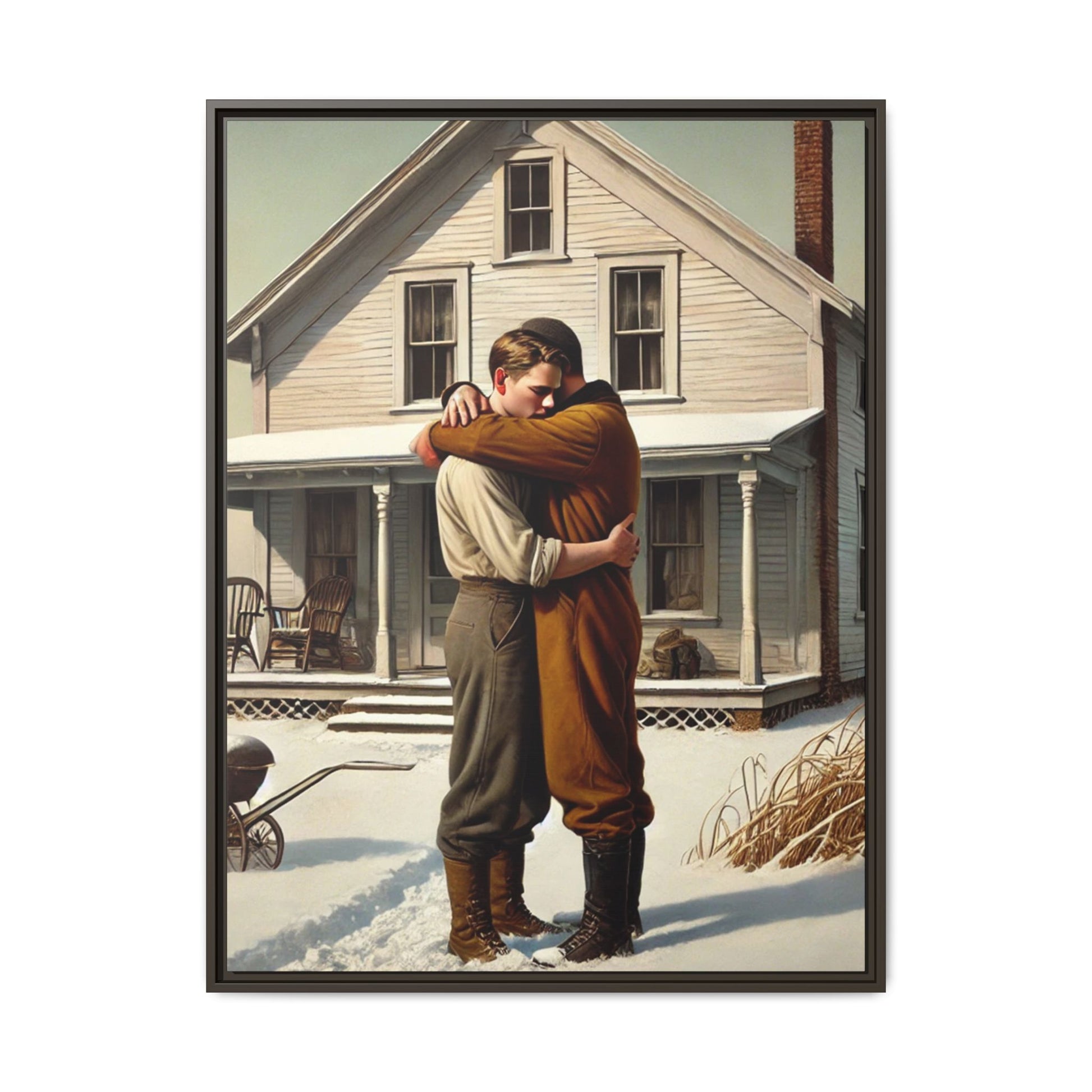 Artwork of a tender moment between a gay couple embracing outside a farmhouse in a snowy, rural landscape. Dressed in vintage attire, the two men find warmth and comfort in each other’s arms, capturing love and connection in a serene, Americana winter setting