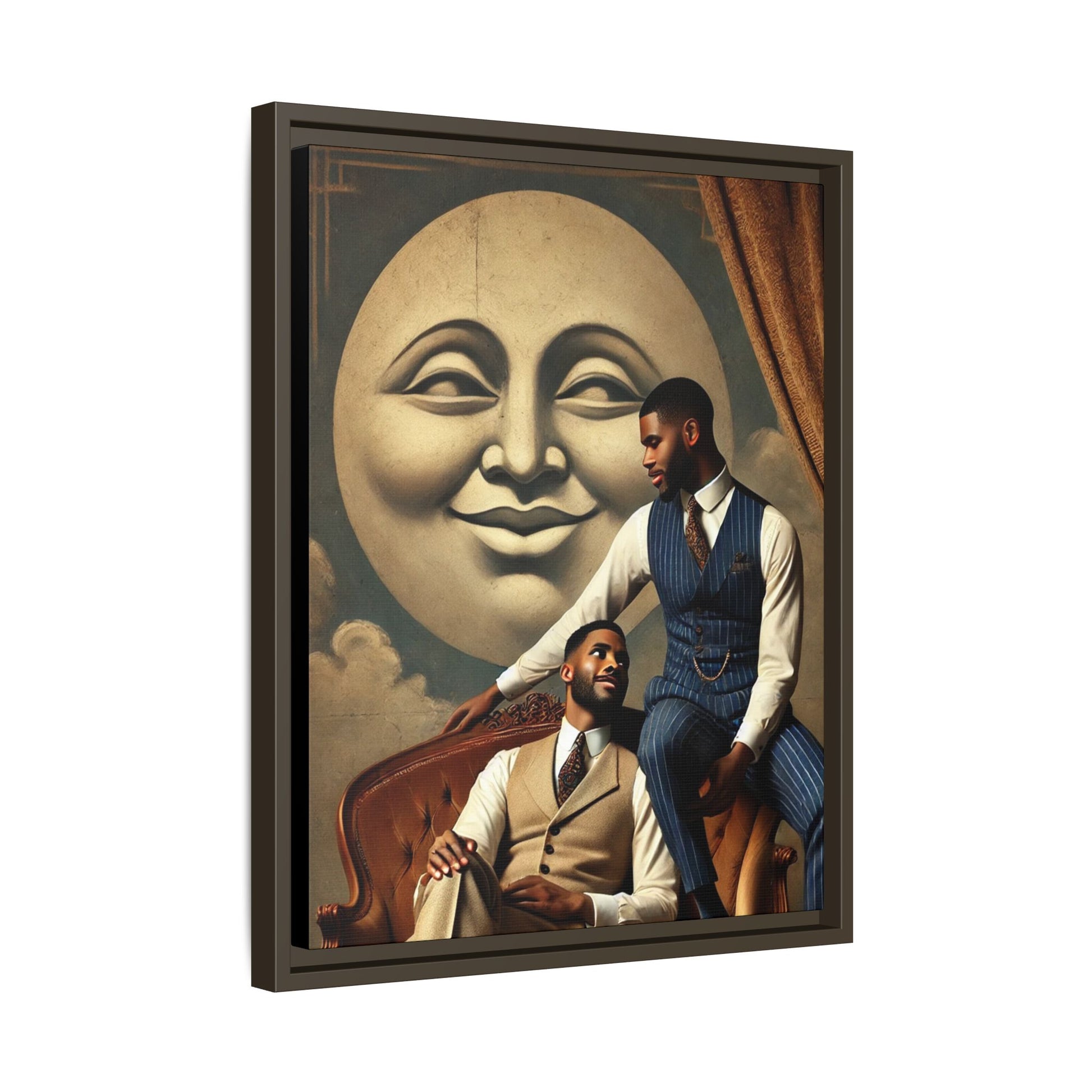An elegant portrait of two Black men in vintage suits, seated affectionately beneath a smiling full moon. This 1920s-inspired artwork reclaims lost LGBTQ history, honoring Black queer love through style, softness, and resilience.
