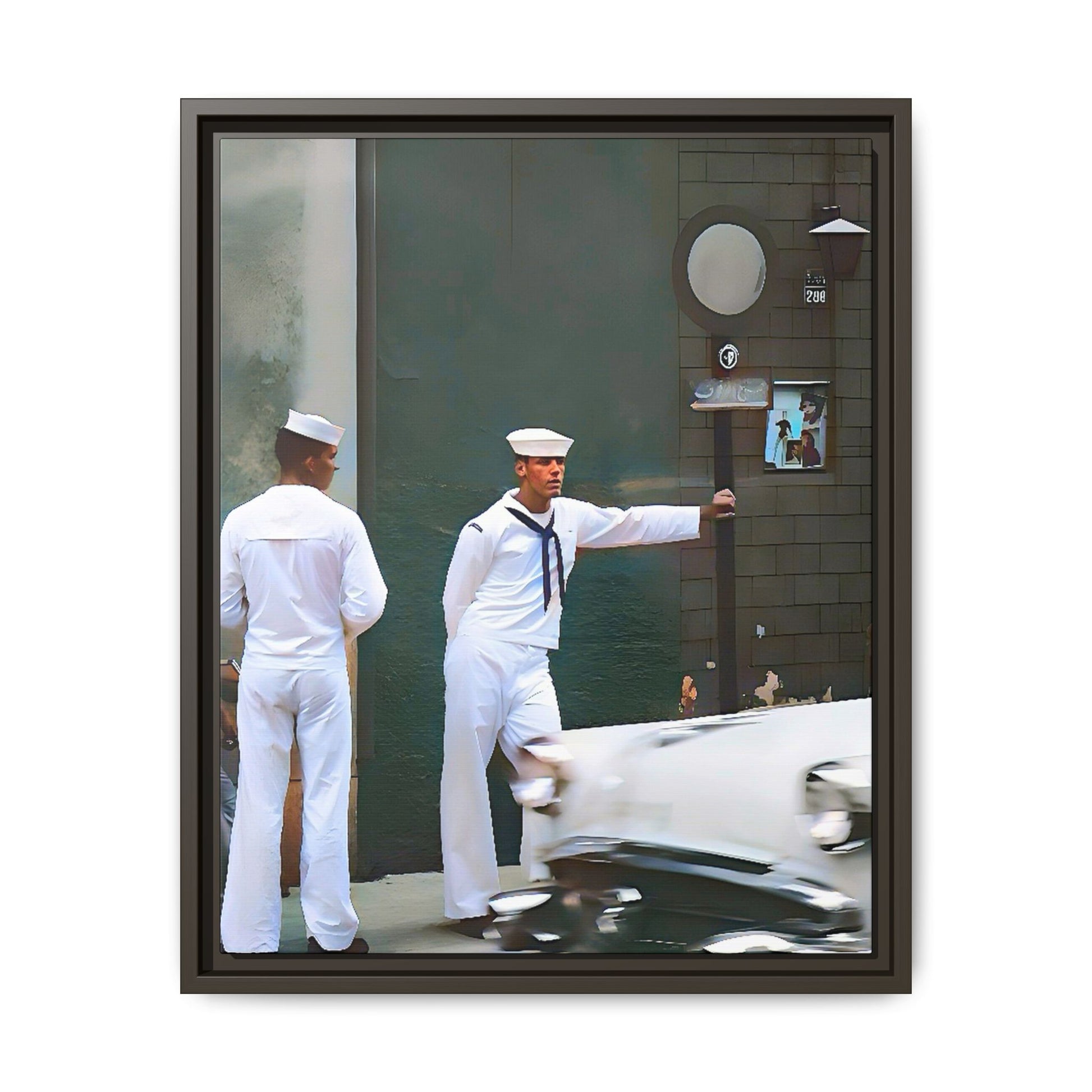 A restored vintage portrait of two sailors in Boystown, Northalsted, Chicago. This framed matte canvas celebrates LGBTQ+ history, urban charm, and community pride.