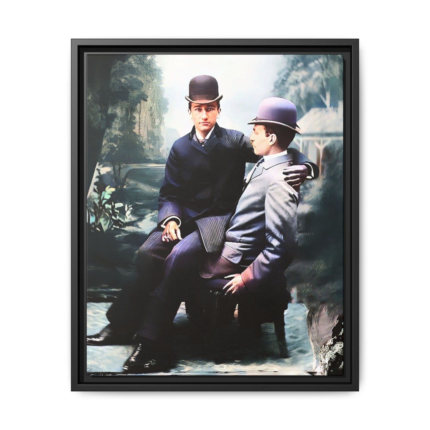 Restored 1800s photo of Cash & Arwood, Irish gay couple in loving pose, framed canvas print