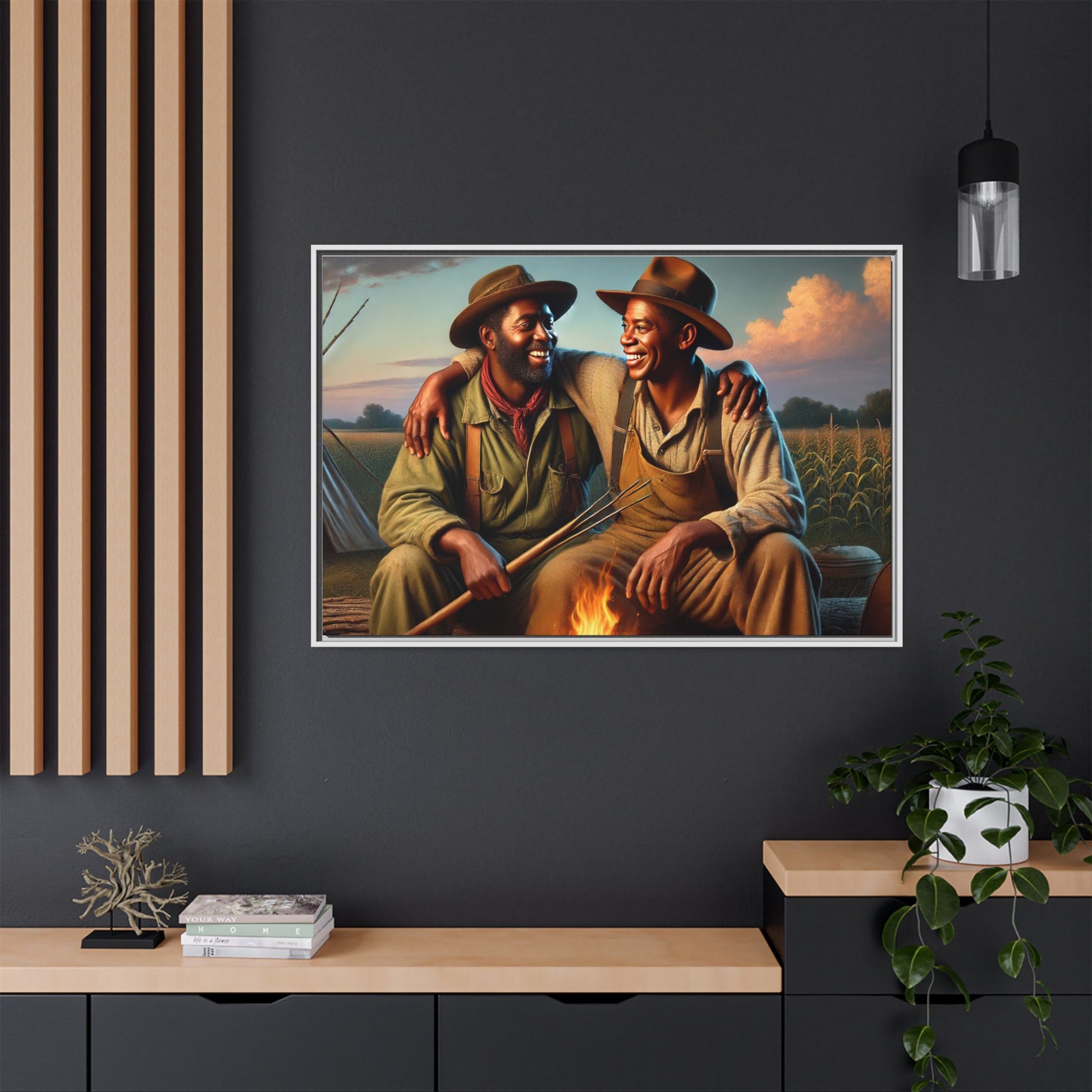 Artwork of an older African-American queer couple sharing a warm, joyful moment by a campfire in rural Iowa. Set against vast fields and an open sky, the scene captures love, resilience, and the nostalgic beauty of Americana, with firelight illuminating their laughter and companionship