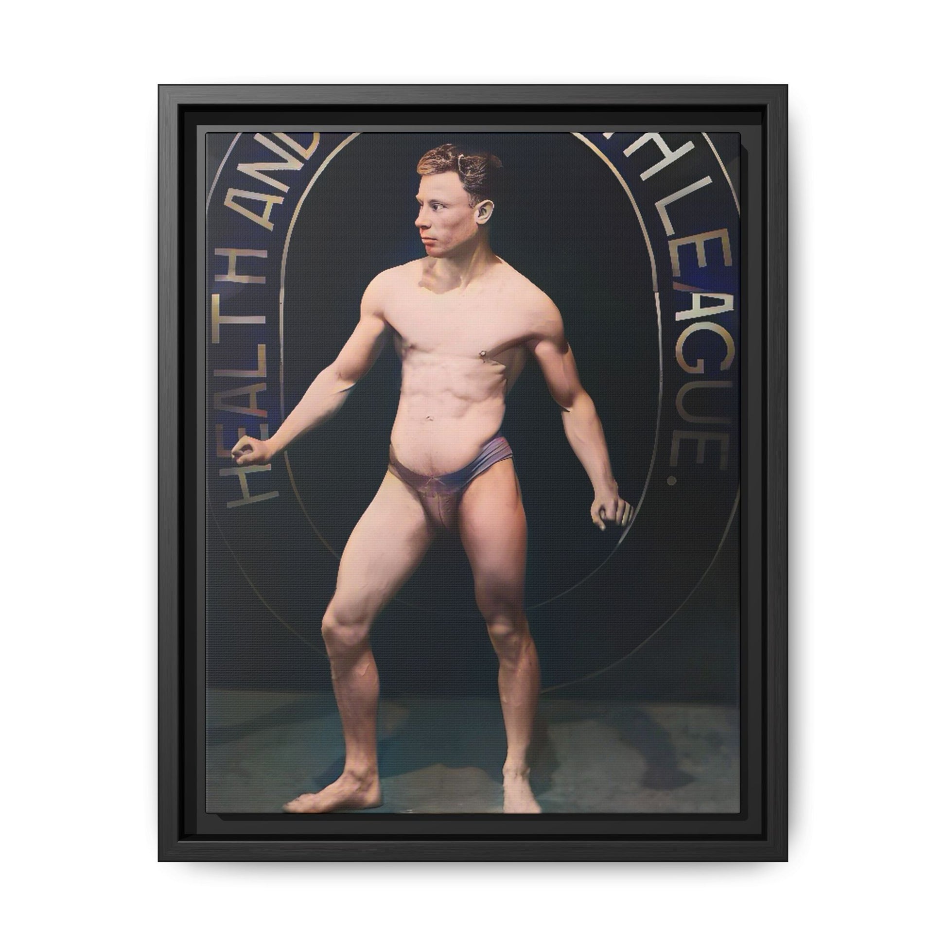 Restored vintage photo of Robert, a young bodybuilder from Manchester, UK, circa early 20th century, framed canvas