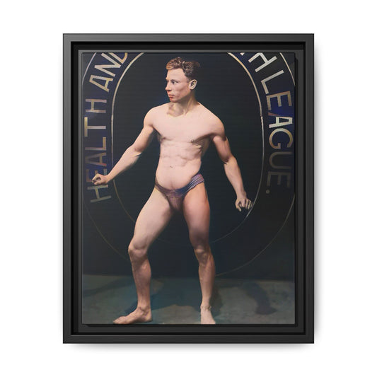 Restored vintage photo of Robert, a young bodybuilder from Manchester, UK, circa early 20th century, framed canvas