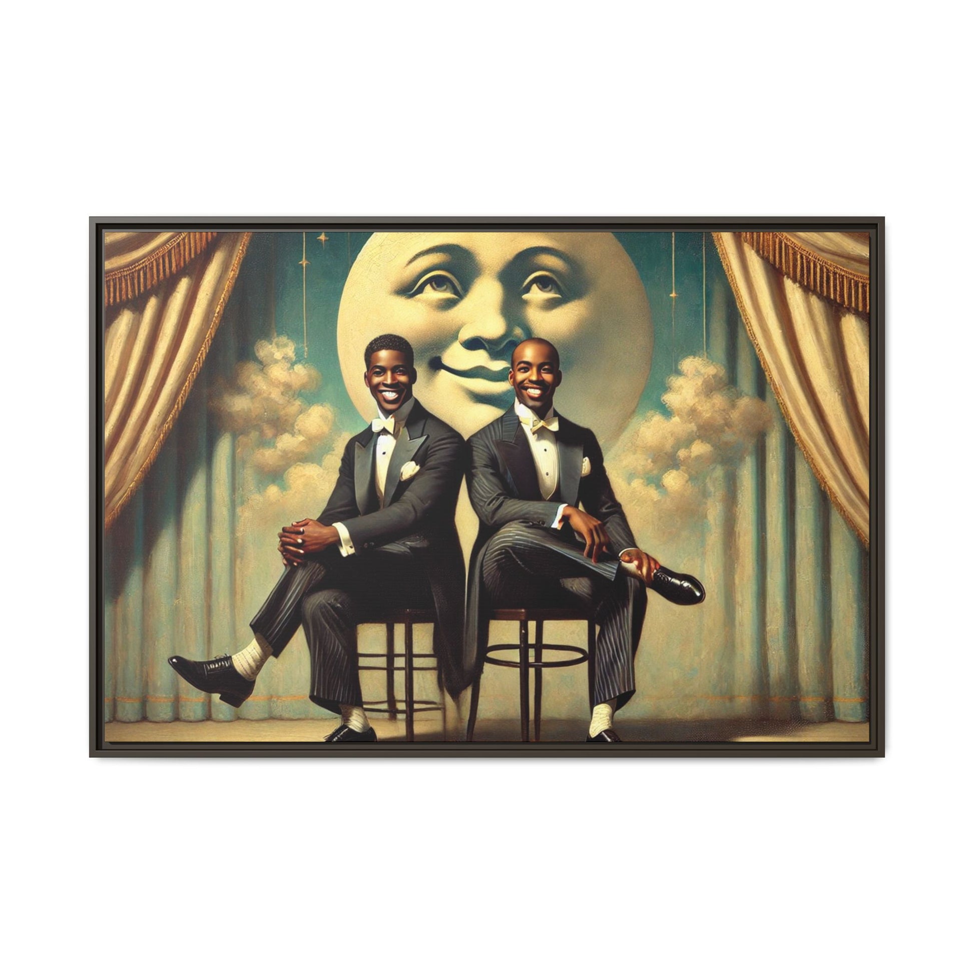Framed vintage-style portrait of two Black men in tuxedos seated under a smiling crescent moon prop with golden curtains and cloud backdrop. This restored matte canvas honors lost LGBTQ history and reclaims early 20th-century queer representation with pride.