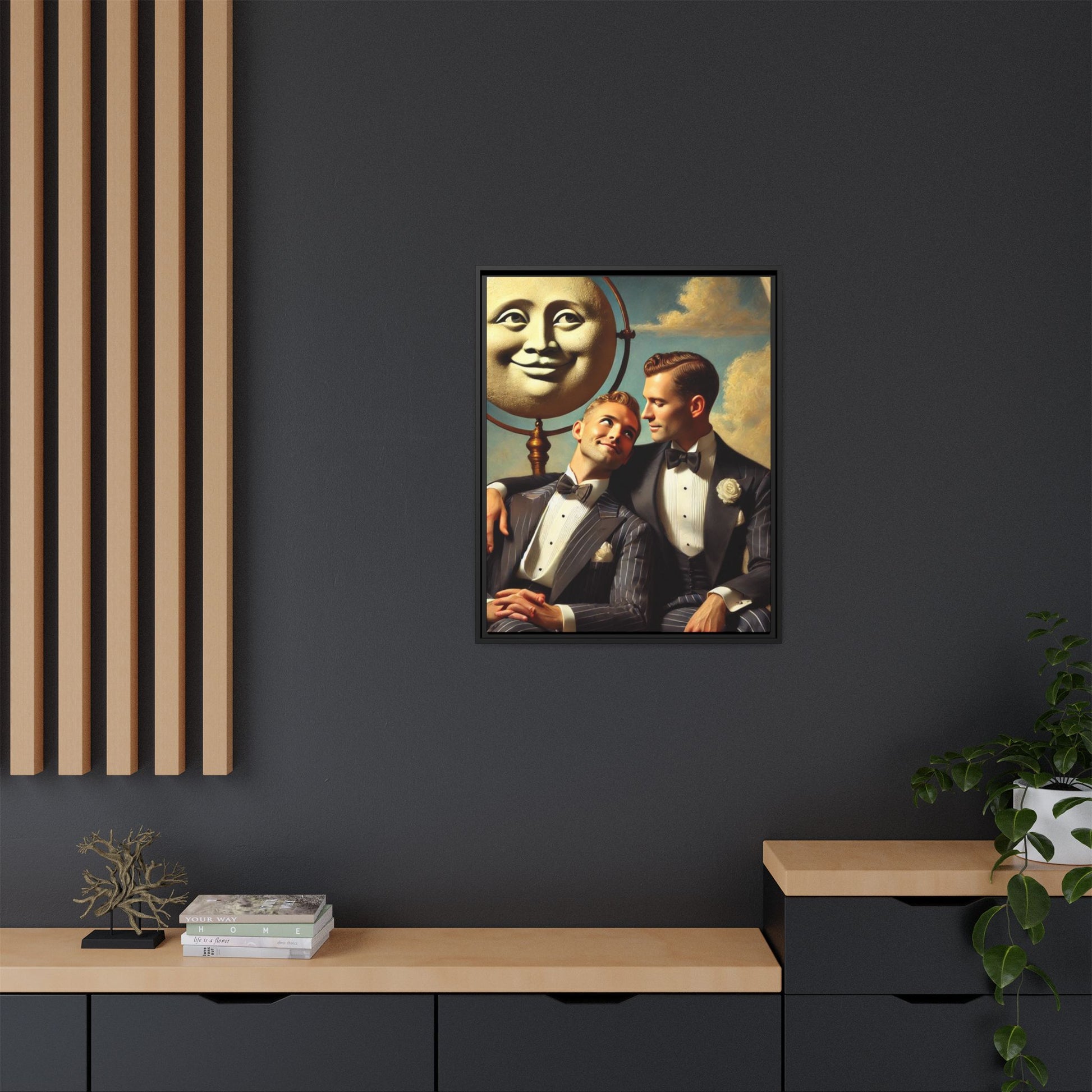 Framed matte canvas portrait featuring two young men in vintage overalls with a crescent moon prop above them. This artwork from the Missing Art Studies series reclaims LGBTQ+ imagery that may have been lost to bias, presenting warmth, intimacy, and presence.