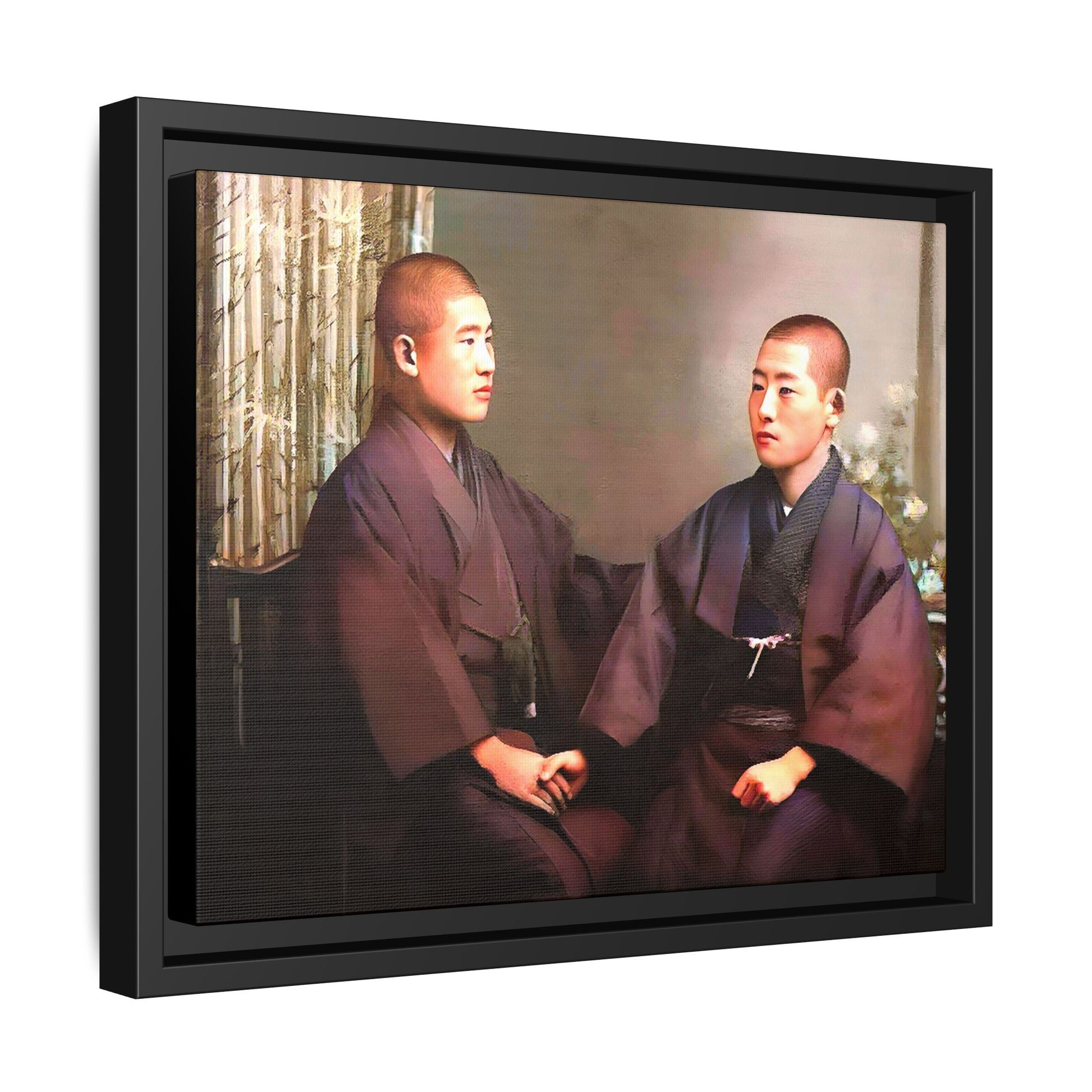 A vintage portrait of Hiroto & Atsushi in Kyoto, Japan. This framed matte canvas celebrates LGBTQ+ love, cultural heritage, and timeless elegance, making it a unique and meaningful art piece for collectors and history enthusiasts. Gay Couple
