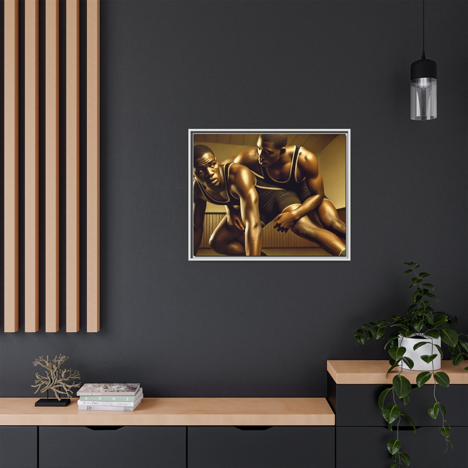 Framed artwork inspired by Grant Wood, showcasing African-American wrestlers in a vintage gymnasium setting. A powerful tribute to teamwork, resilience, and regionalist art.