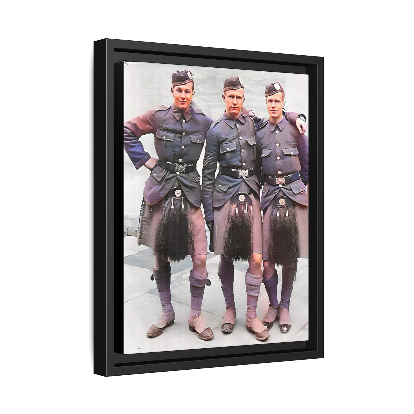 A restored vintage portrait of Gordon Highlanders in Glasgow, Scotland. This framed matte canvas honors Scottish military history, tradition, and unity.