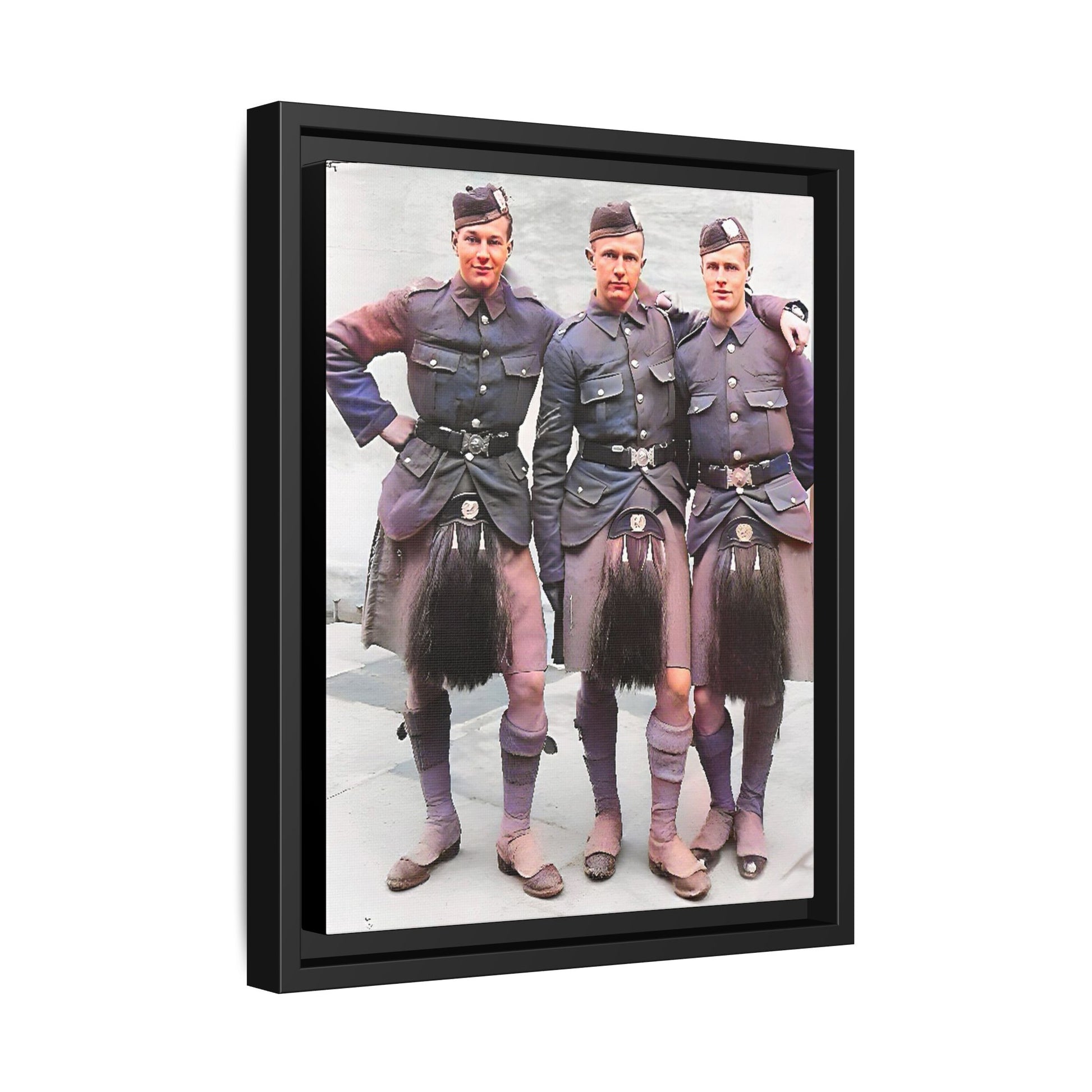 A restored vintage portrait of Gordon Highlanders in Glasgow, Scotland. This framed matte canvas honors Scottish military history, tradition, and unity.