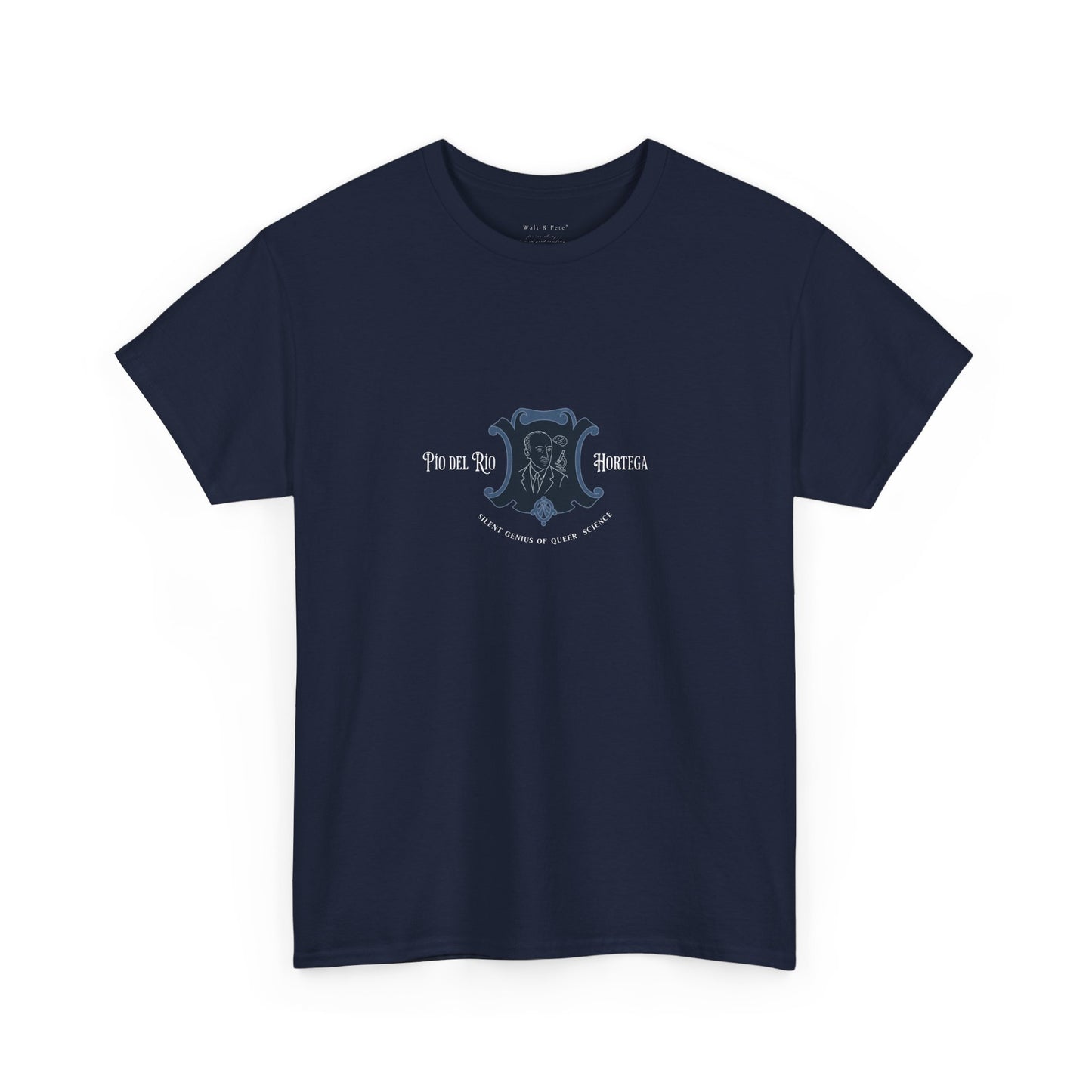 t-shirt with a Jean Cocteau–inspired line drawing of Pío del Río Hortega framed in a blue crest. This refined graphic design pays tribute to queer scientific brilliance with the phrase “Silent Genius of Queer Science” below. A bold shirt for quiet revolutions.