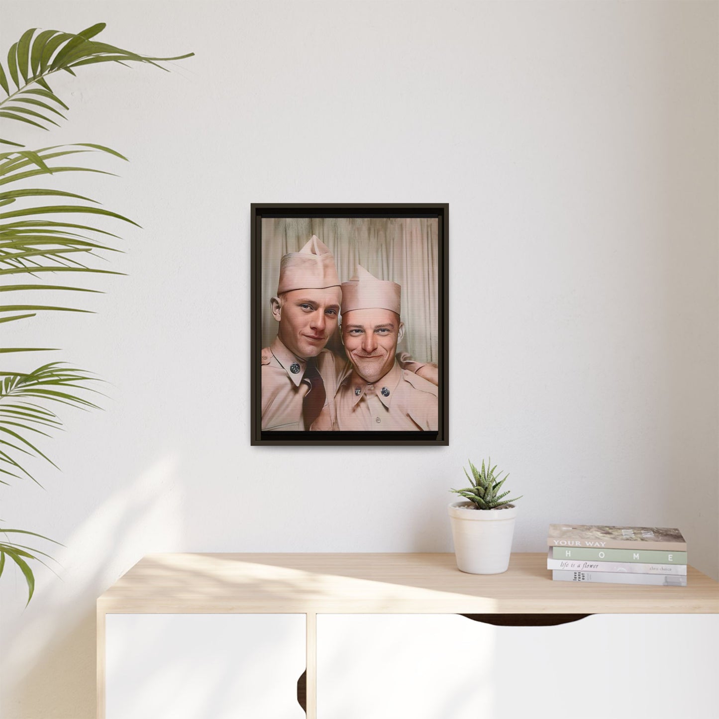 A framed vintage army portrait on matte canvas featuring two soldiers at Puget Sound Naval Shipyard, symbolizing friendship and service. Gay Couple Photo Booth