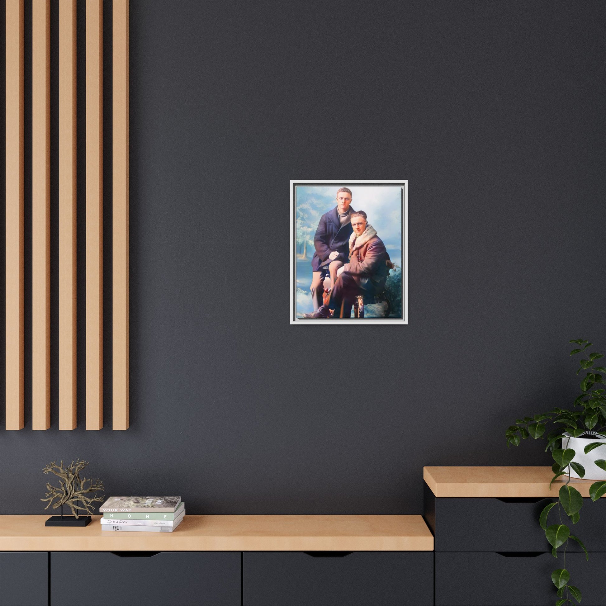 Restored vintage photograph of David and Sam, a gay couple in winter attire from early 20th century Yakima, Washington. Framed matte canvas print showcasing love, resilience, and Gay  history.
