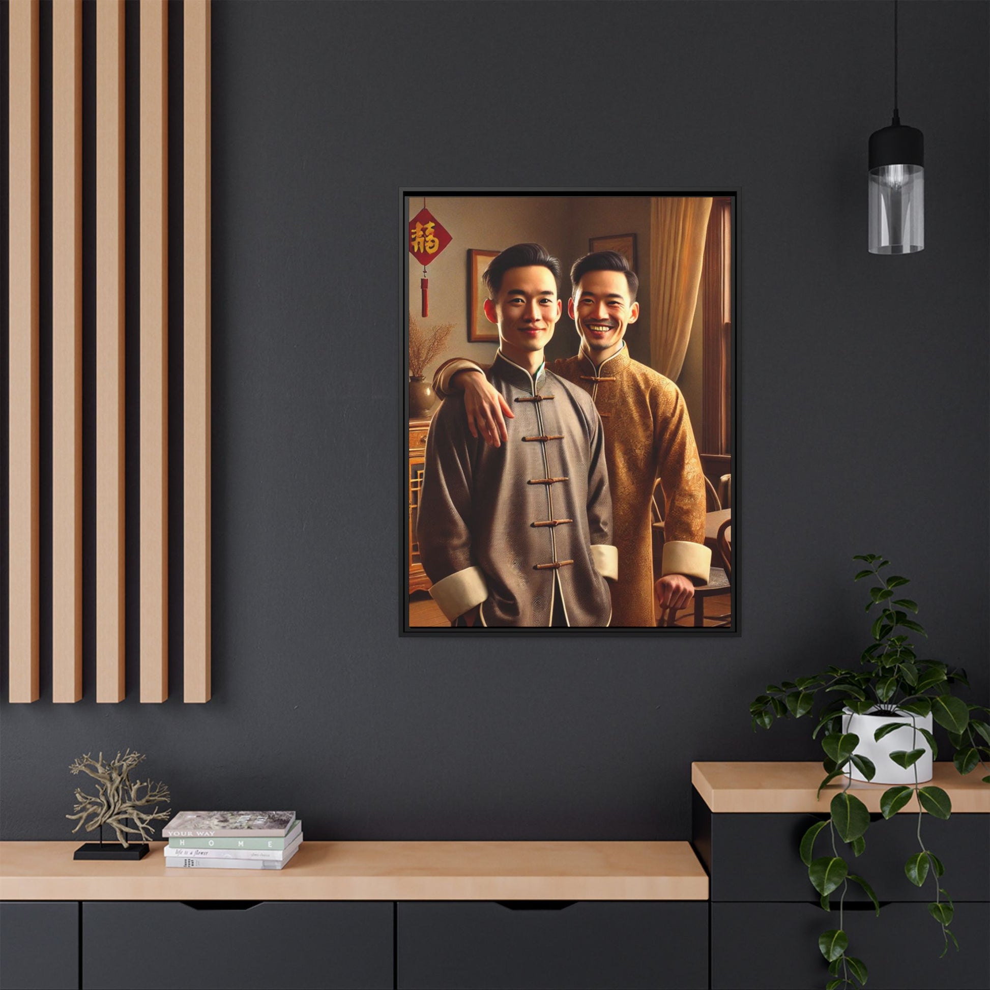 Artwork featuring a joyful portrait of a Chinese queer couple celebrating Chinese New Year in traditional attire. Set in a cozy American home adorned with subtle decorations, this image captures love, cultural pride, and warmth, blending Chinese heritage with a Midwestern setting