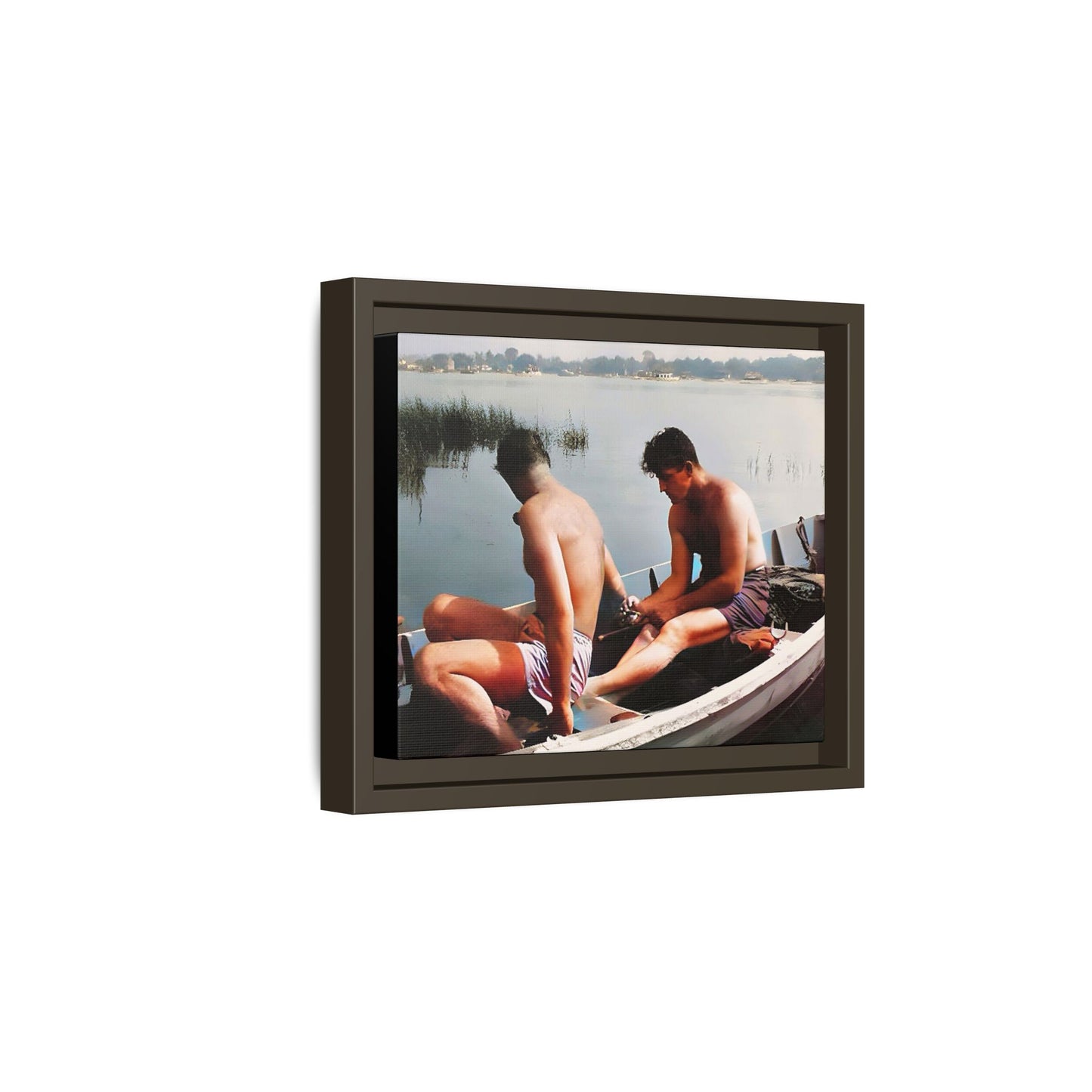A restored vintage photo of Ned & Marty in a boat at Cape May, New Jersey. This framed matte canvas captures a serene LGBTQ+ love story, offering a nostalgic and timeless nautical scene perfect for collectors and history enthusiasts. Gay Couple