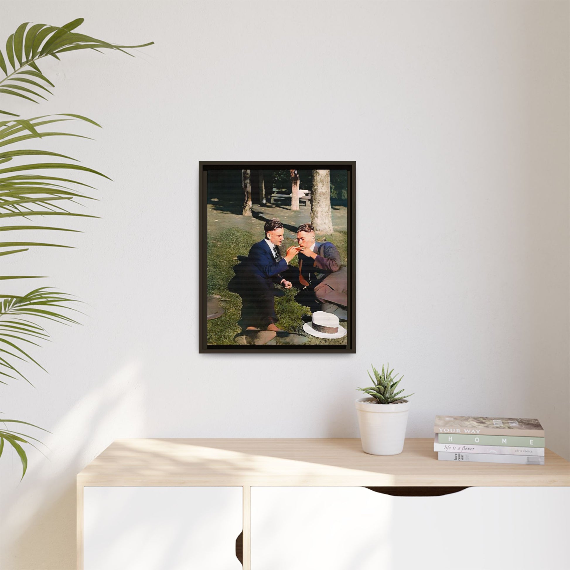 A framed vintage portrait on matte canvas featuring Oscar and Iván in Central Park, Manhattan, capturing timeless love and 1920s elegance. Gay Couple Queer History