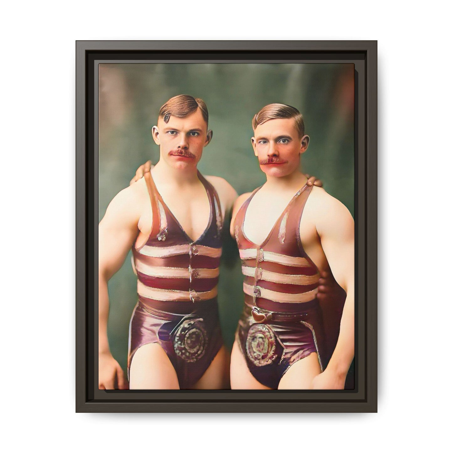 Restored early 1900s vintage photograph of Oscar and Herman in Pittsburgh, Pennsylvania, wearing striped singlets. Framed matte canvas art celebrating love, strength, and LGBTQ+ history. Gay Circus Couple Performers