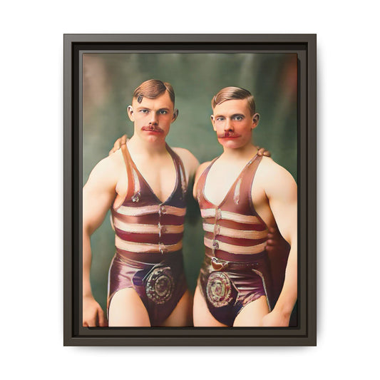 Restored early 1900s vintage photograph of Oscar and Herman in Pittsburgh, Pennsylvania, wearing striped singlets. Framed matte canvas art celebrating love, strength, and LGBTQ+ history. Gay Circus Couple Performers