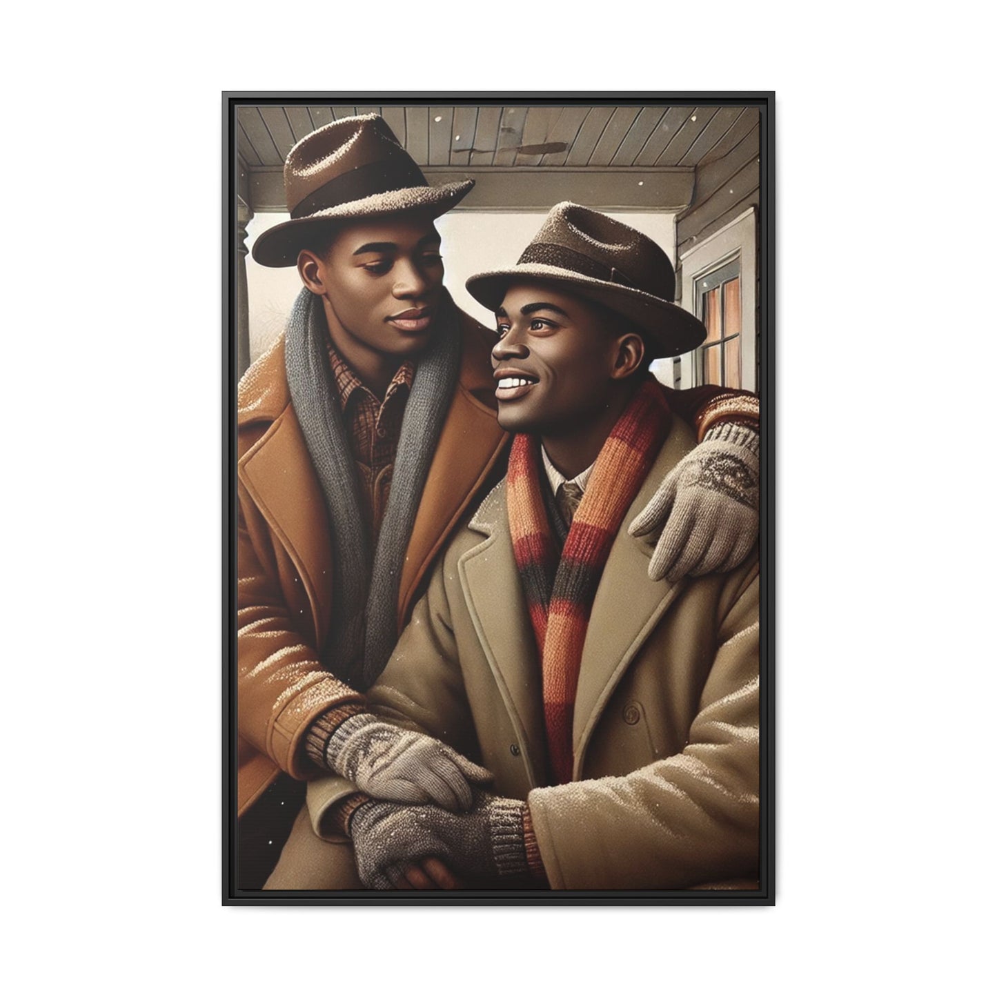 Artwork of an African-American queer couple sharing a cozy winter moment on a porch. Dressed in vintage winter attire with fedoras, scarves, and warm coats, they exchange affectionate gazes amidst softly falling snow, capturing love, warmth, and intimacy in a nostalgic winter setting.