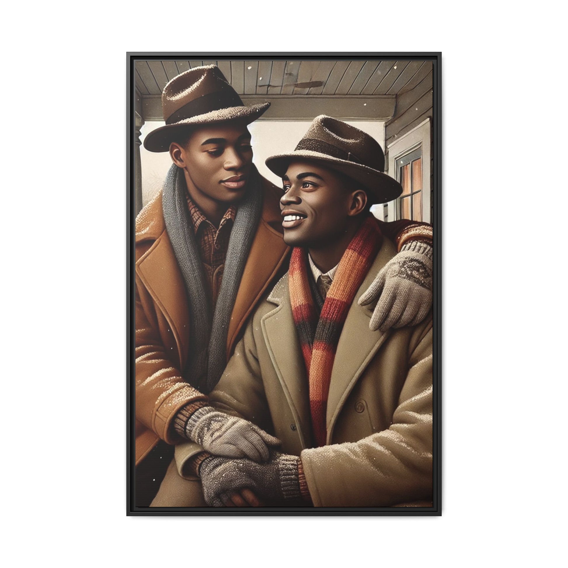 Artwork of an African-American queer couple sharing a cozy winter moment on a porch. Dressed in vintage winter attire with fedoras, scarves, and warm coats, they exchange affectionate gazes amidst softly falling snow, capturing love, warmth, and intimacy in a nostalgic winter setting.
