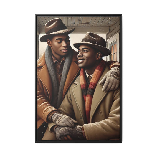 Artwork of an African-American queer couple sharing a cozy winter moment on a porch. Dressed in vintage winter attire with fedoras, scarves, and warm coats, they exchange affectionate gazes amidst softly falling snow, capturing love, warmth, and intimacy in a nostalgic winter setting.