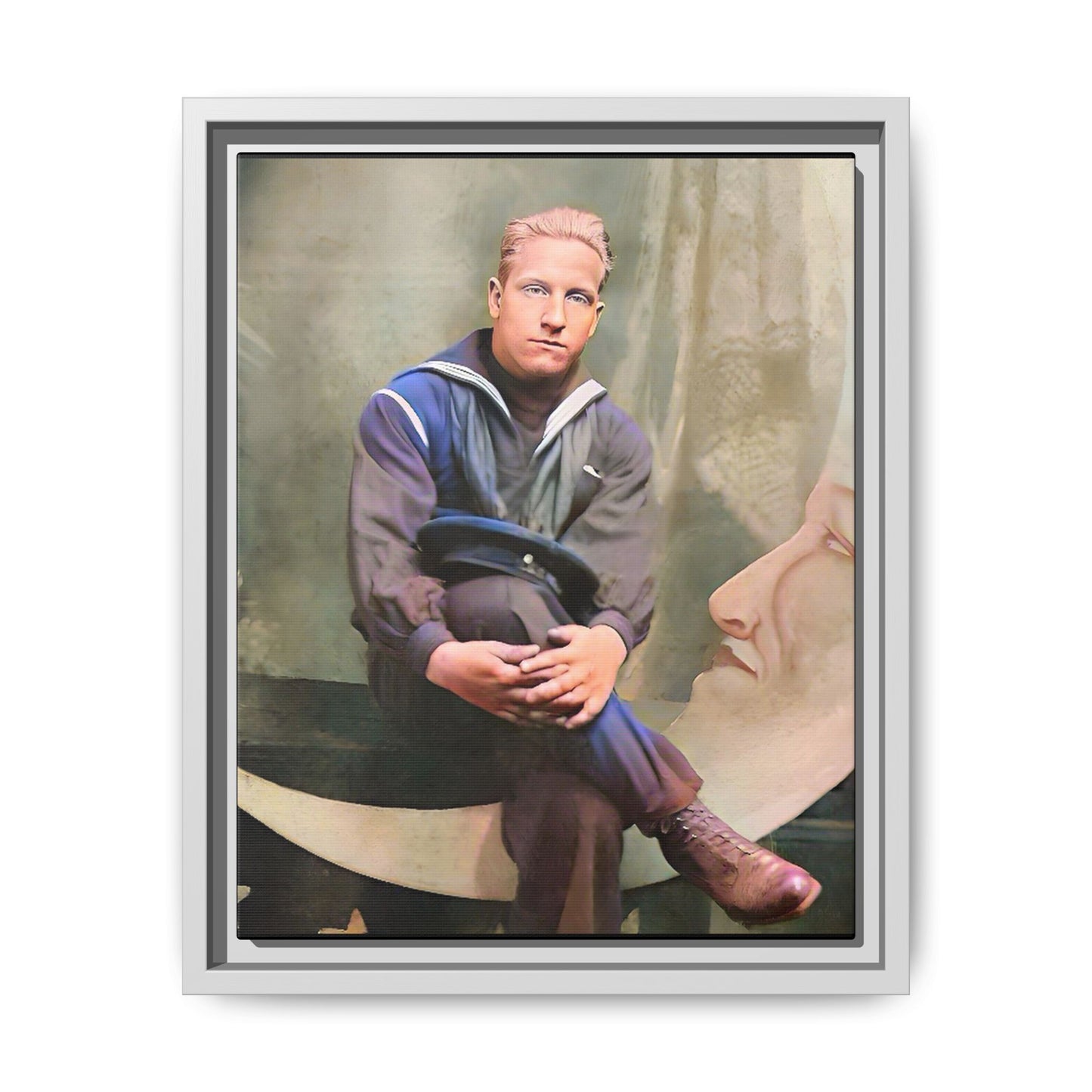 A vintage U.S. Navy sailor portrait featuring Jacob in uniform with a crescent moon backdrop. This framed matte canvas print is a timeless tribute to naval service, ideal for military history collectors, veterans, and nautical decor lovers. Art Deco Paper Moon Prop