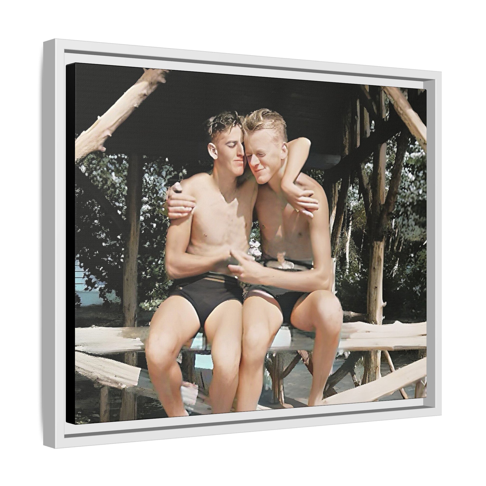 A vintage-inspired framed canvas print featuring Joseph and Billy at Kahena Beach, Hawaii. Their intimate moment under a sunlit pergola captures the warmth of love, freedom, and tropical serenity—perfect for coastal, LGBTQ+, and romantic home decor.