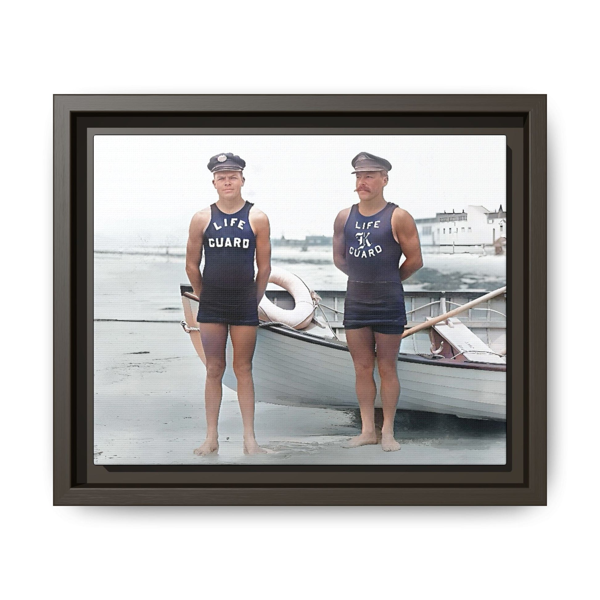 A nostalgic framed canvas print of vintage lifeguards in Cape May, NJ. This coastal artwork captures the charm of early 20th-century beach life, making it perfect for lovers of maritime history, seaside decor, and Americana enthusiasts.