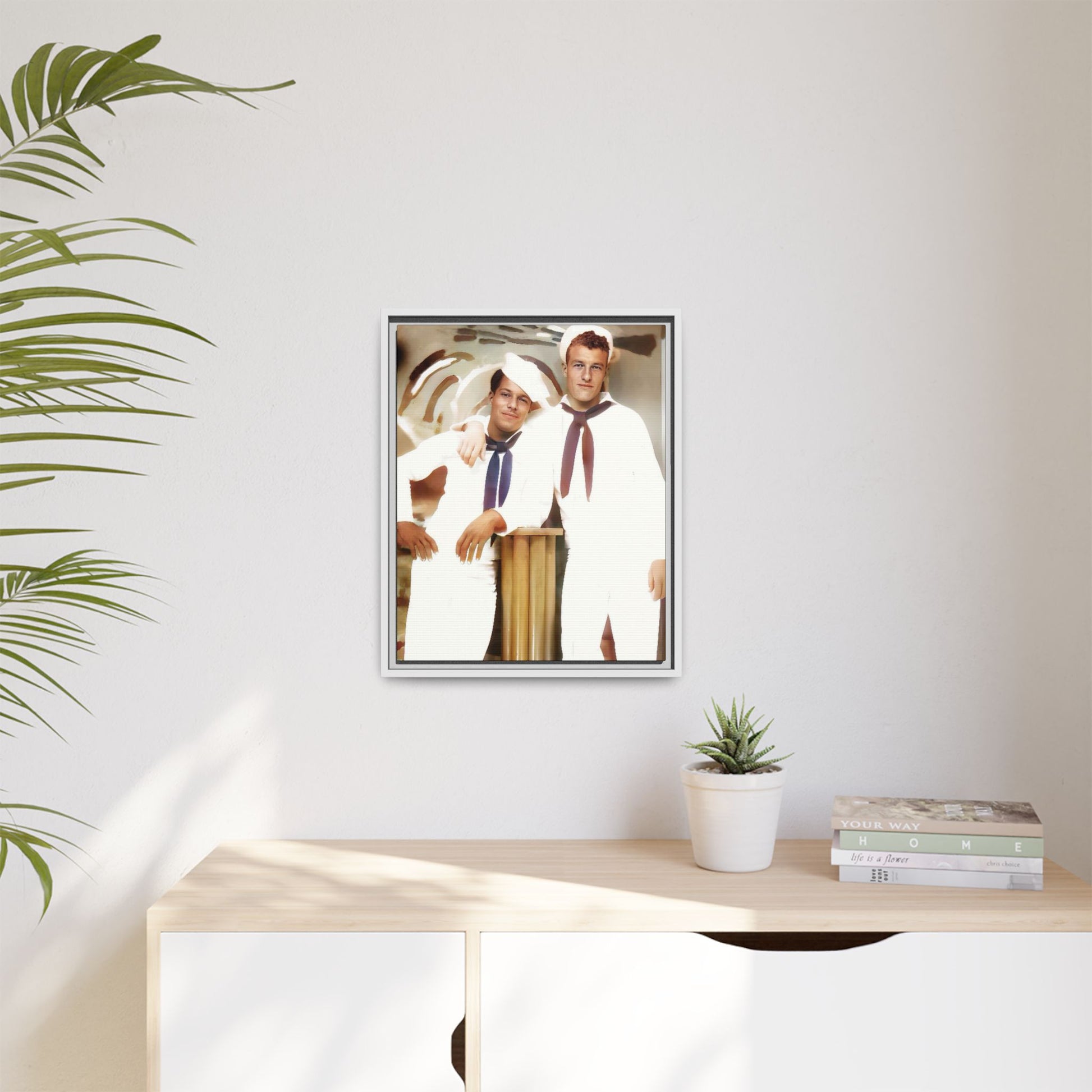 Vintage portrait of Leo & Russel aboard the USS South Dakota. Dressed in crisp naval whites, this LGBTQ+ military art print honors love, service, and history. A perfect addition for collectors, history lovers, and those who cherish authentic connections. African American Gay Juneteenth Black History Month Love Couple