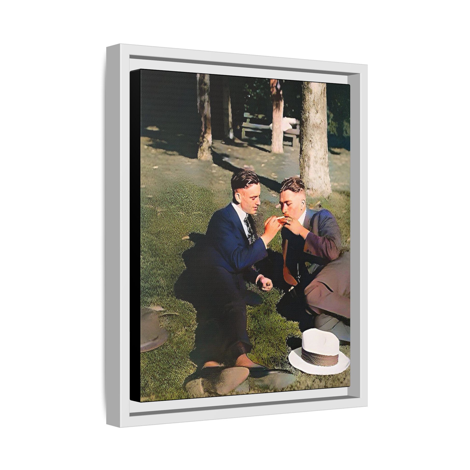 A framed vintage portrait on matte canvas featuring Oscar and Iván in Central Park, Manhattan, capturing timeless love and 1920s elegance. Gay Couple Queer History