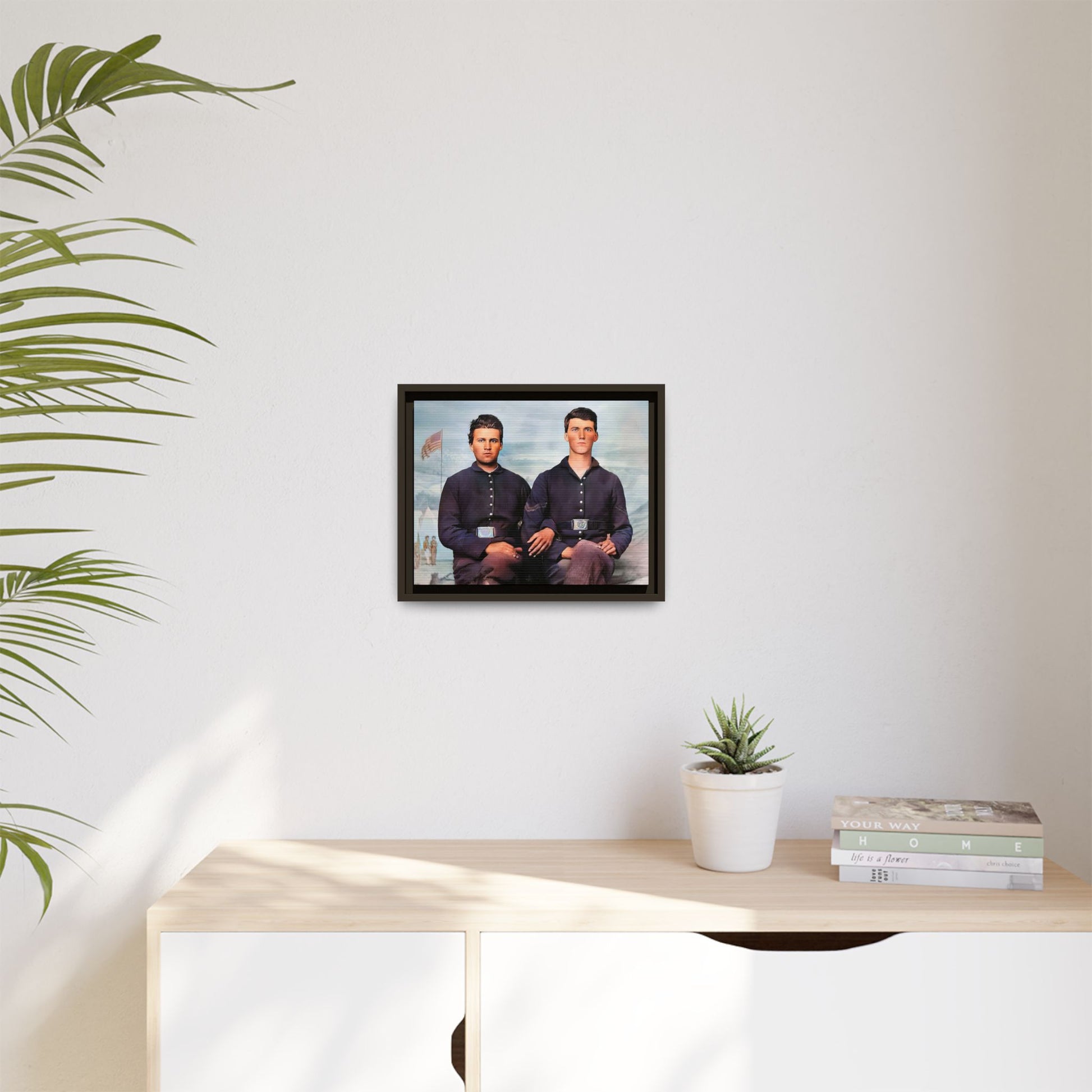 A framed vintage Civil War photo on matte canvas featuring two Union soldiers at Camp Curtin, honoring military history. Gay Couple