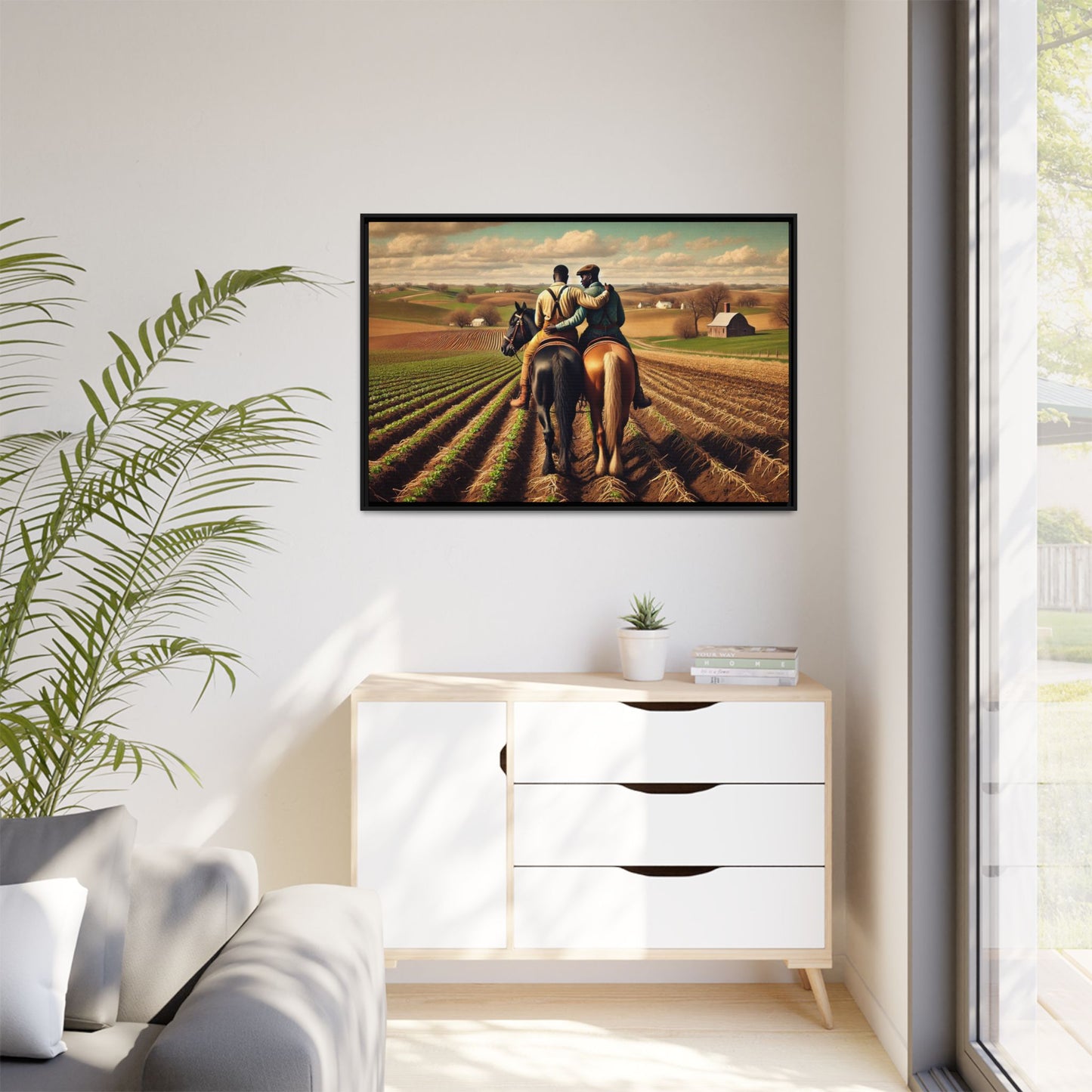 Artwork of an African-American gay couple riding horseback through expansive farmland, sharing a tender moment as they overlook lush fields. Dressed in rugged vintage attire, this scene captures resilience, love, and the charm of rural life, celebrating LGBTQ+ history and African-American heritage.