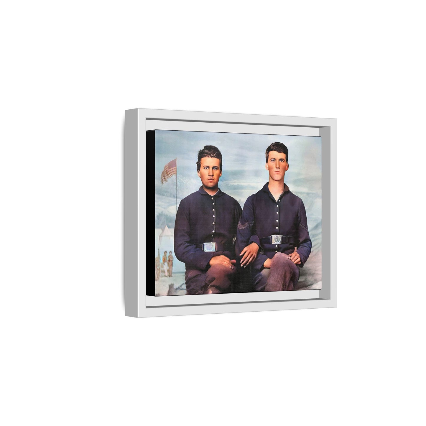 A framed vintage Civil War photo on matte canvas featuring two Union soldiers at Camp Curtin, honoring military history. Gay Couple