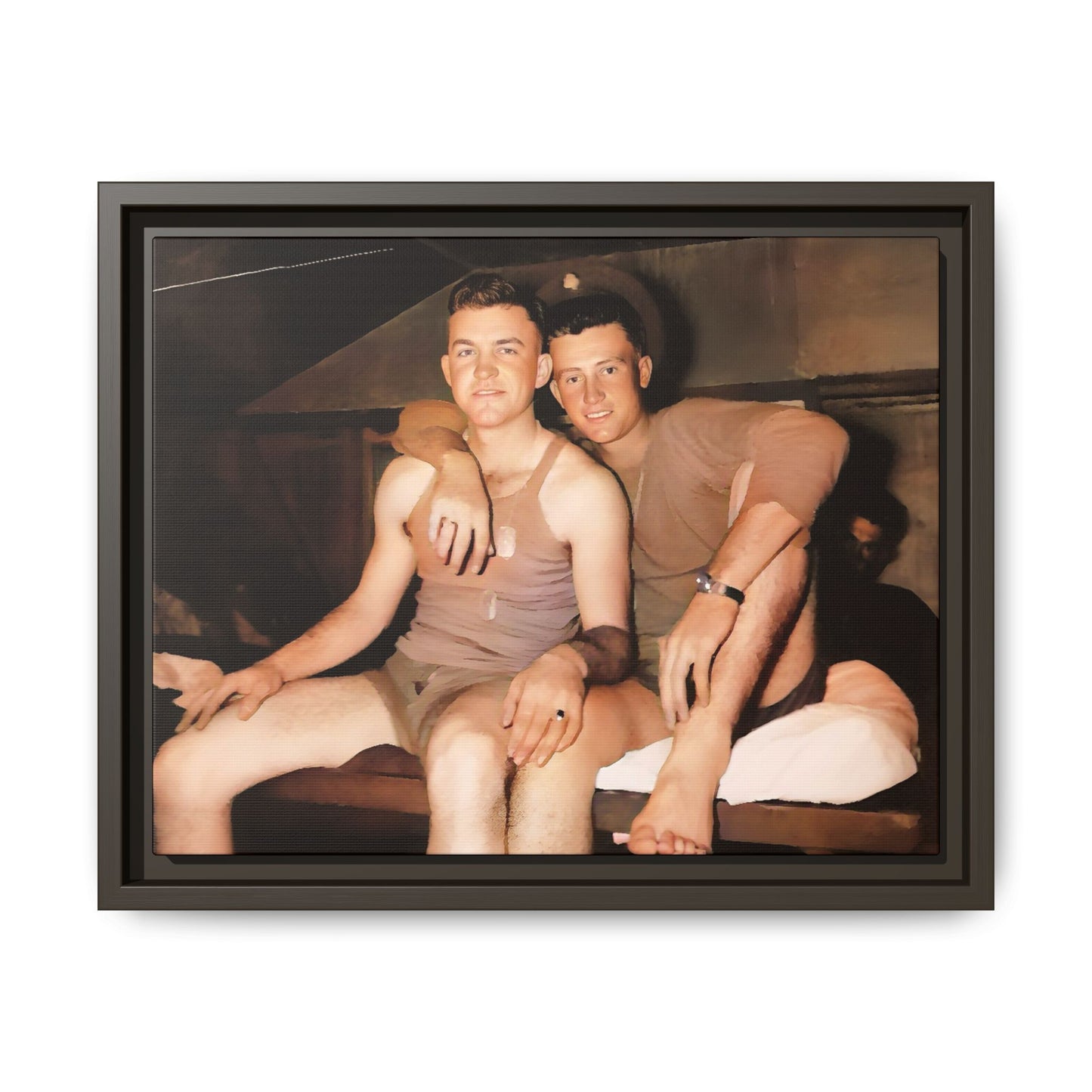 Barracks, Oahu. This framed canvas print honors LGBTQ+ history, military camaraderie, and timeless love, making it a unique and meaningful piece for collectors and history enthusiasts.