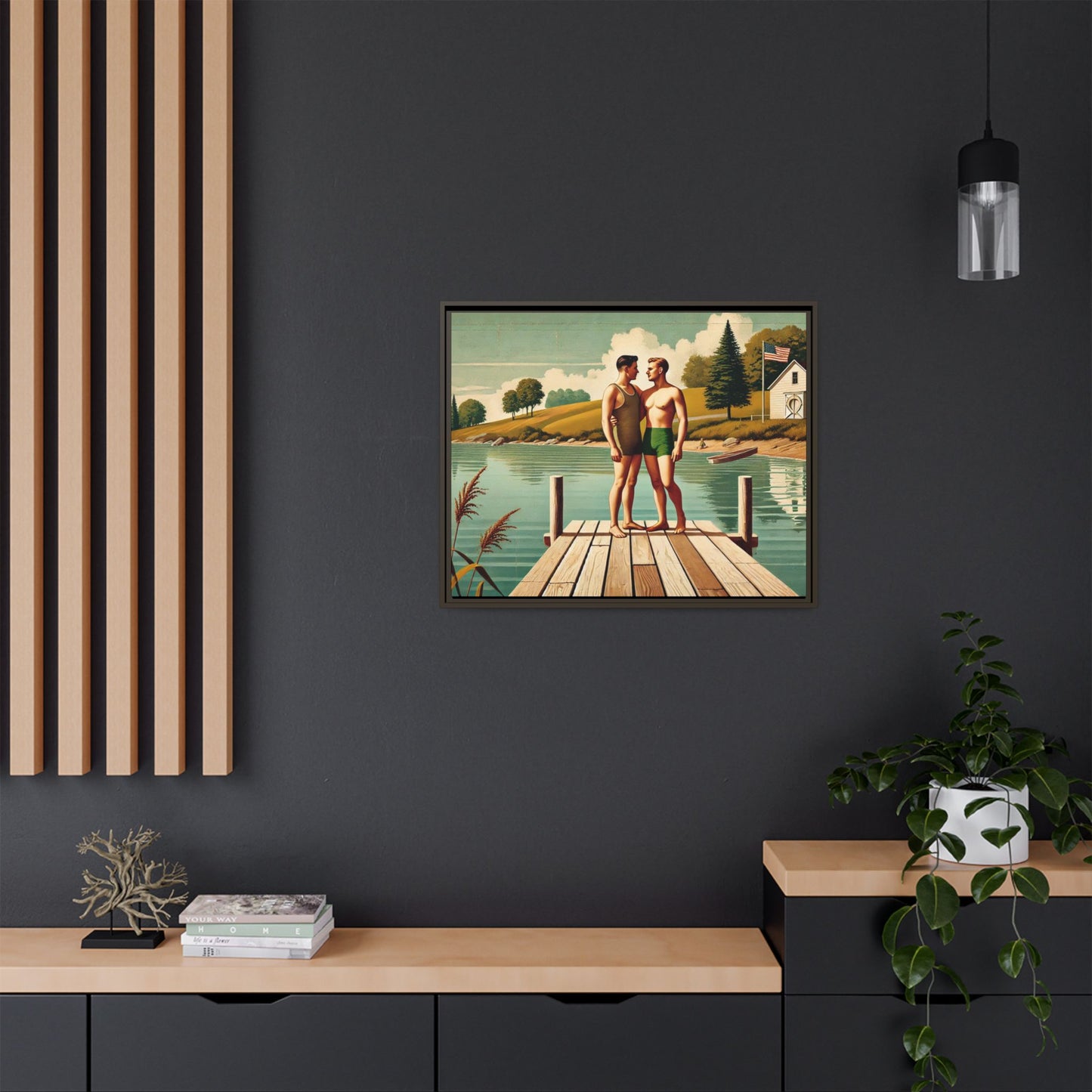 Framed artwork of a gay couple sharing a tender moment on a wooden dock by a peaceful lake, dressed in vintage swimwear. Set against rolling hills and a lakeside cabin, this nostalgic scene honors LGBTQ+ love in a serene Midwestern summer setting.