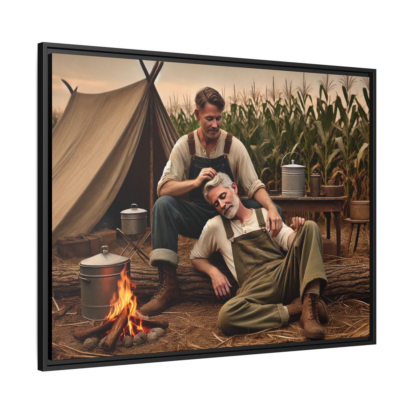 Older queer couple sharing a tender moment by the campfire, celebrating love
