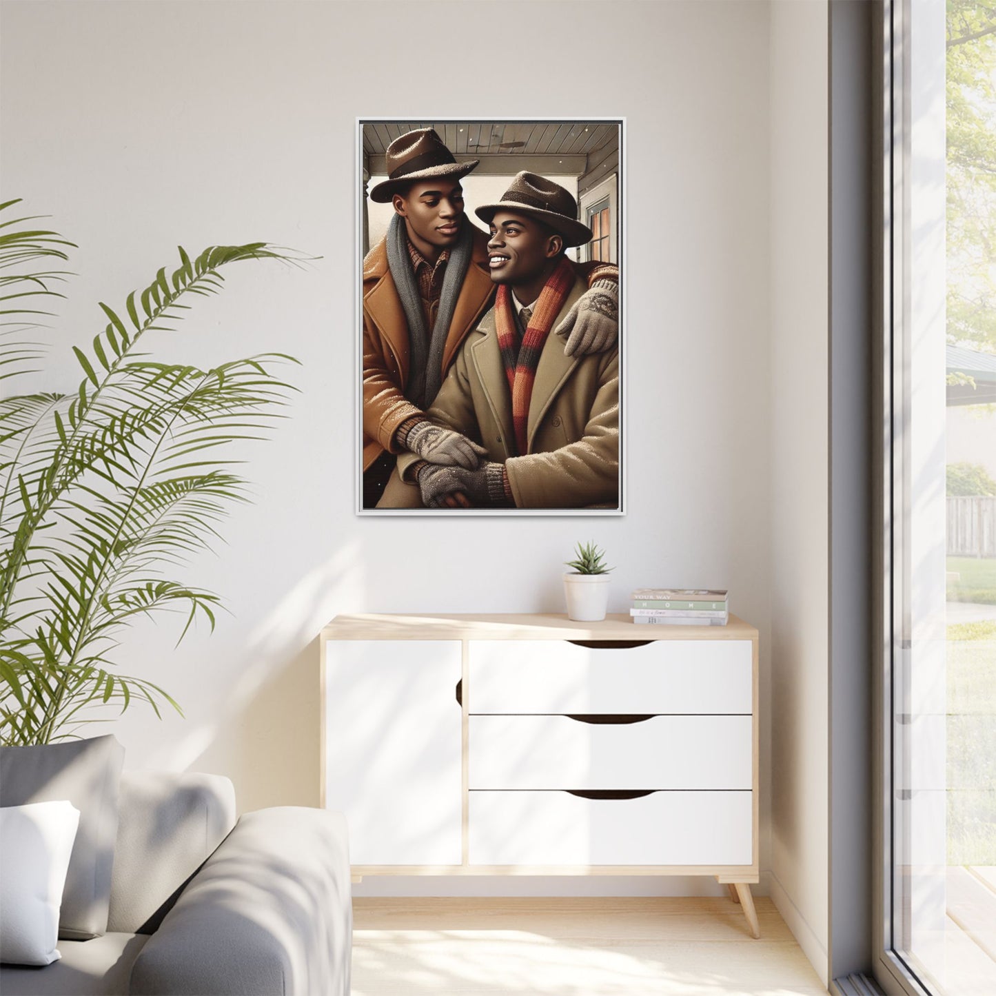 Artwork of an African-American gay couple sharing a cozy winter moment on a porch. Dressed in vintage winter attire with fedoras, scarves, and warm coats, they exchange affectionate gazes amidst softly falling snow, capturing love, warmth, and intimacy in a nostalgic winter setting.