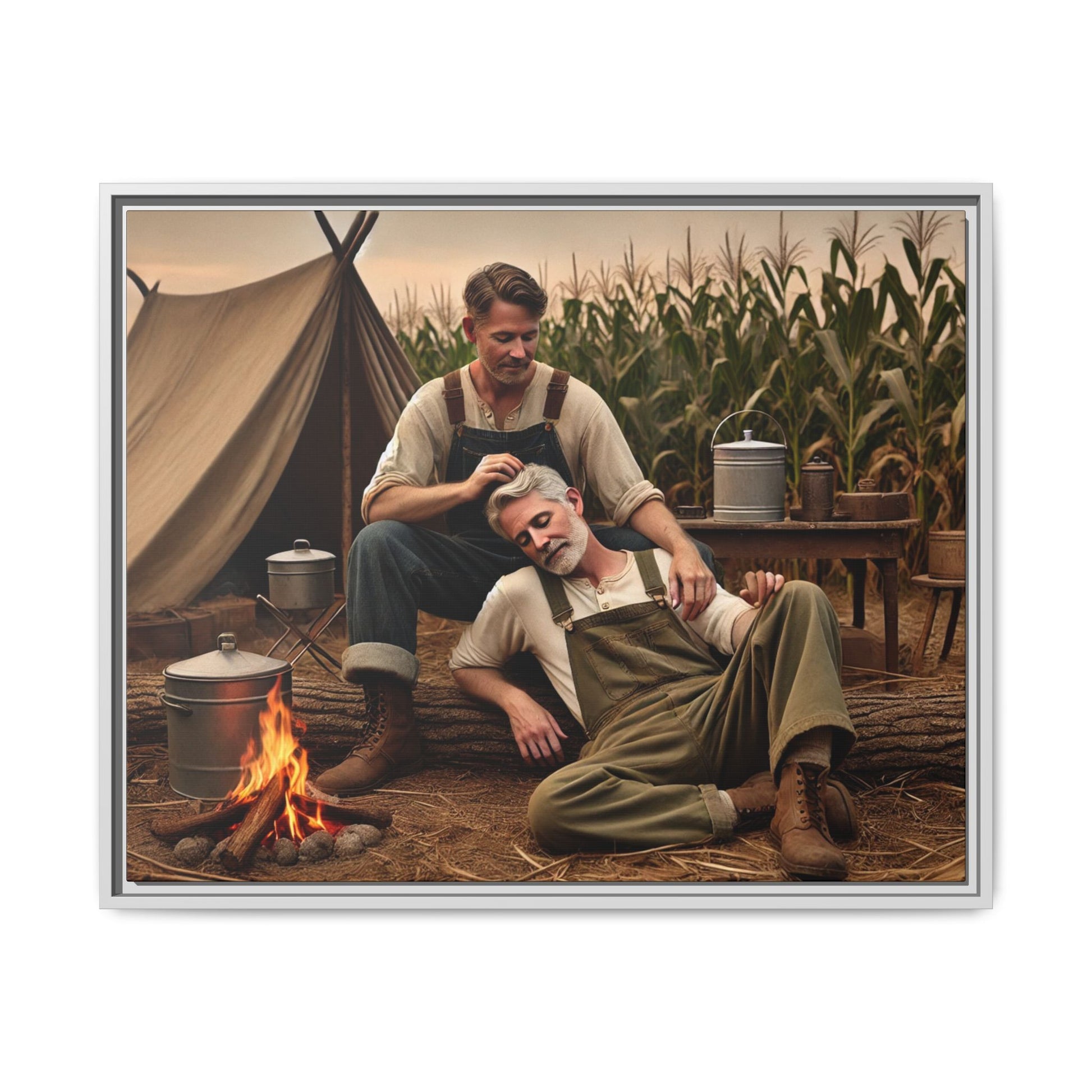 Older queer couple sharing a tender moment by the campfire, celebrating love