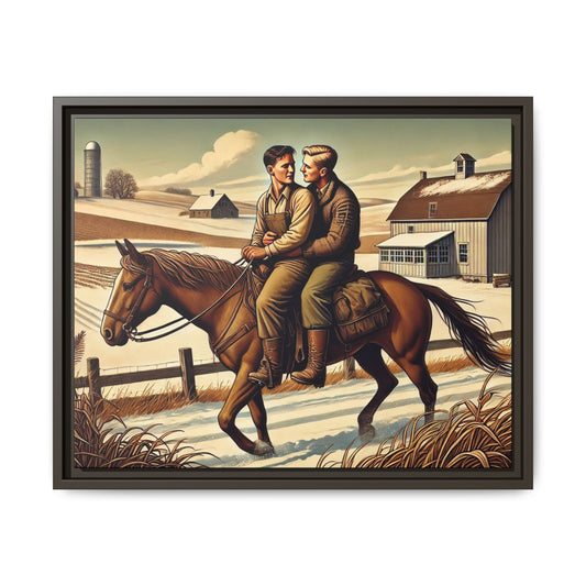 Artwork of a gay couple sharing a tender moment while seated together on a single horse in a snowy, rural Midwestern landscape. Dressed in early 20th-century attire, the men gaze at each other warmly, capturing love, resilience, and companionship in a serene 1930s-inspired American scene